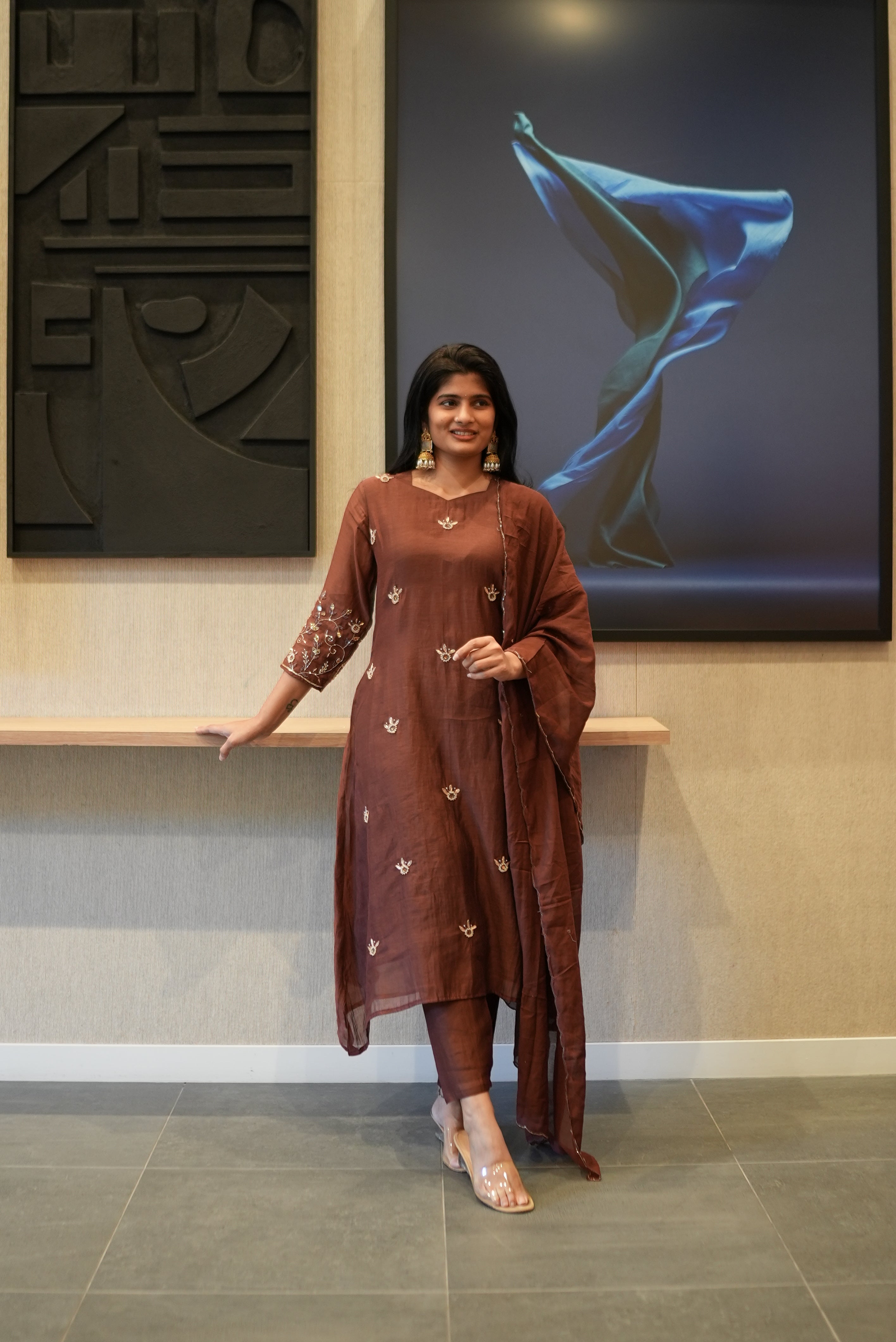 Deep Cocoa Brown Embroidered Kurta Set