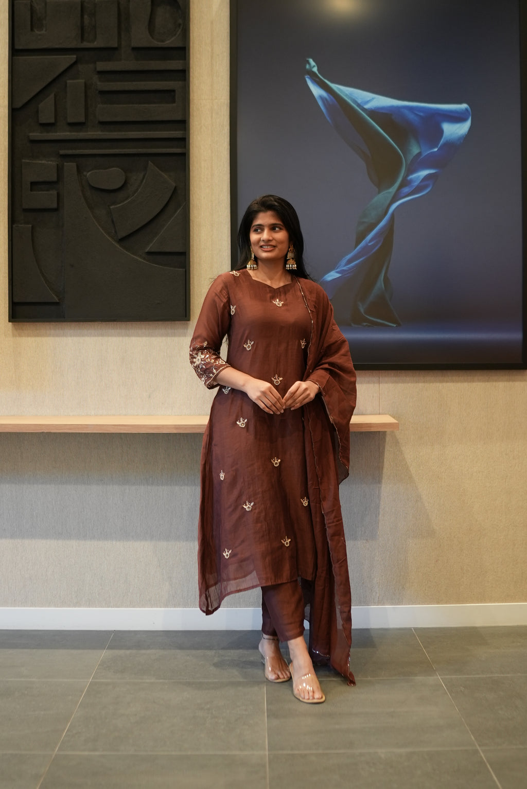 Deep Cocoa Brown Embroidered Kurta Set