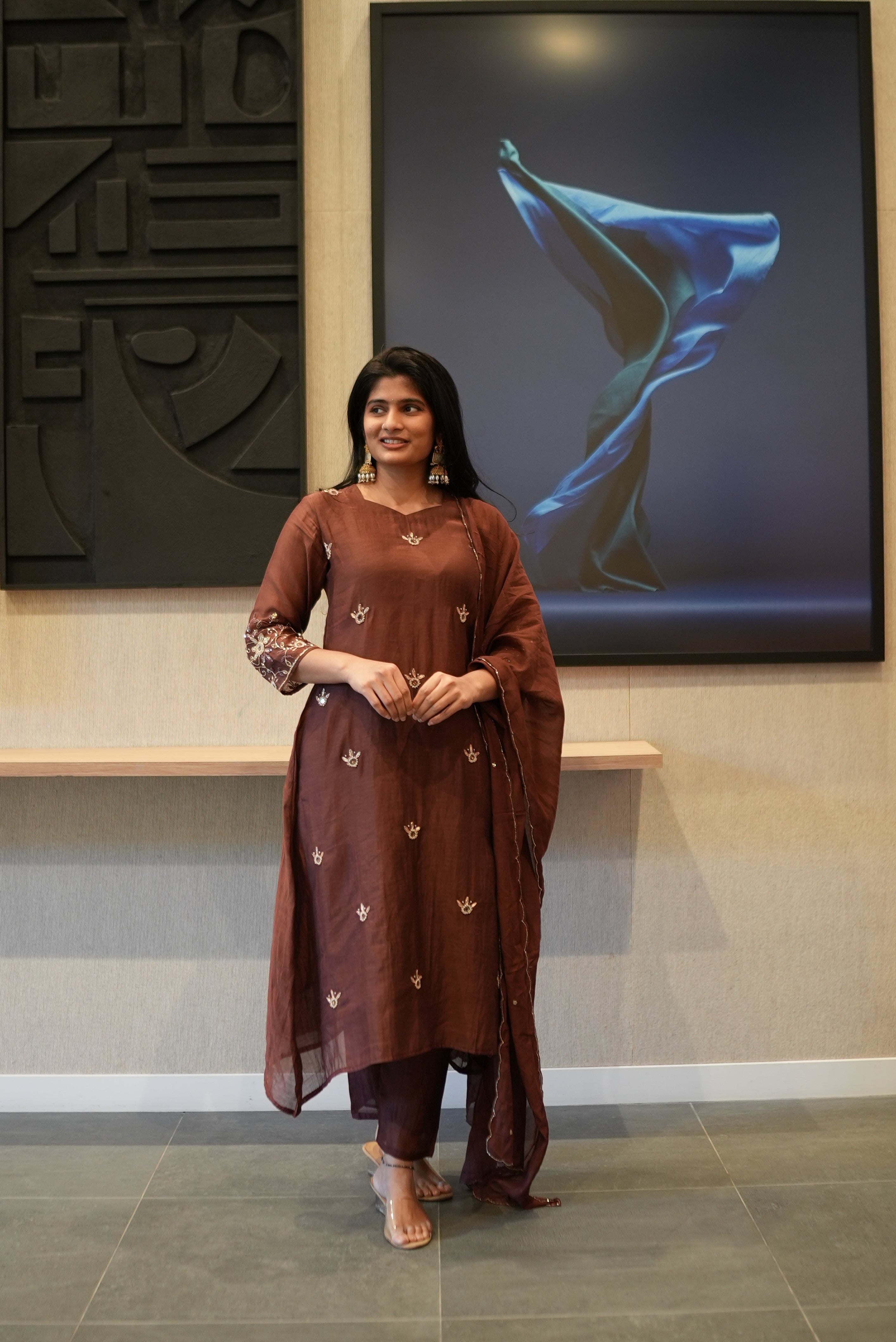 Deep Cocoa Brown Embroidered Kurta Set