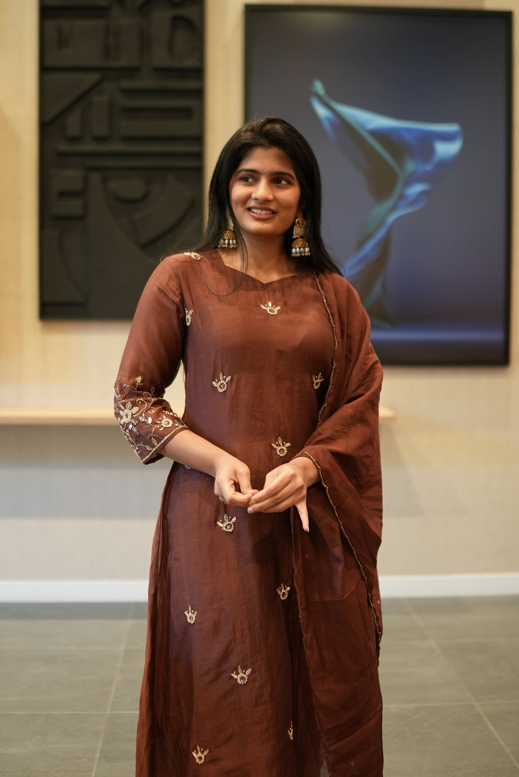 Deep Cocoa Brown Embroidered Kurta Set