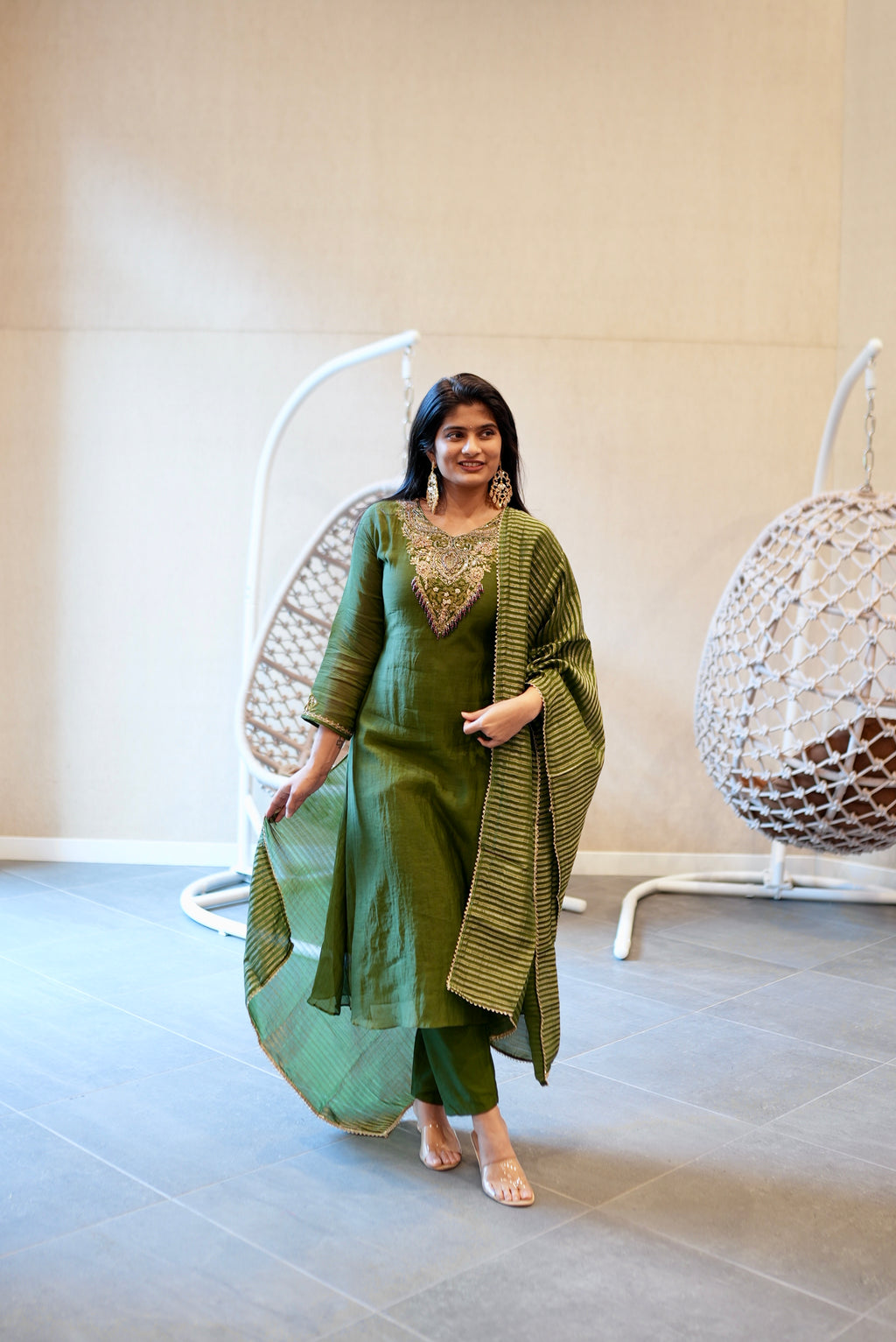 Olive Green Embroidered Kurta Set