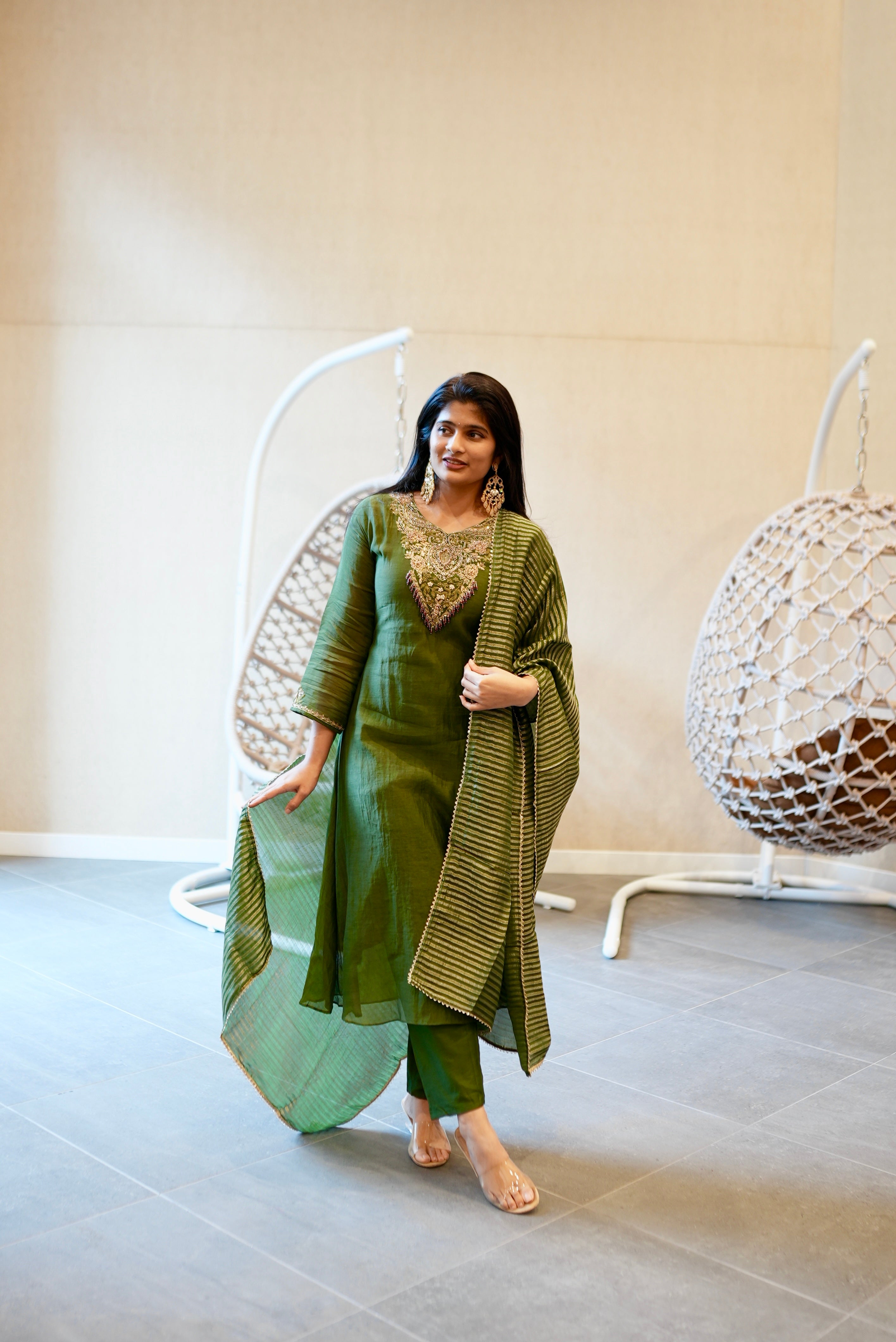 Olive Green Embroidered Kurta Set
