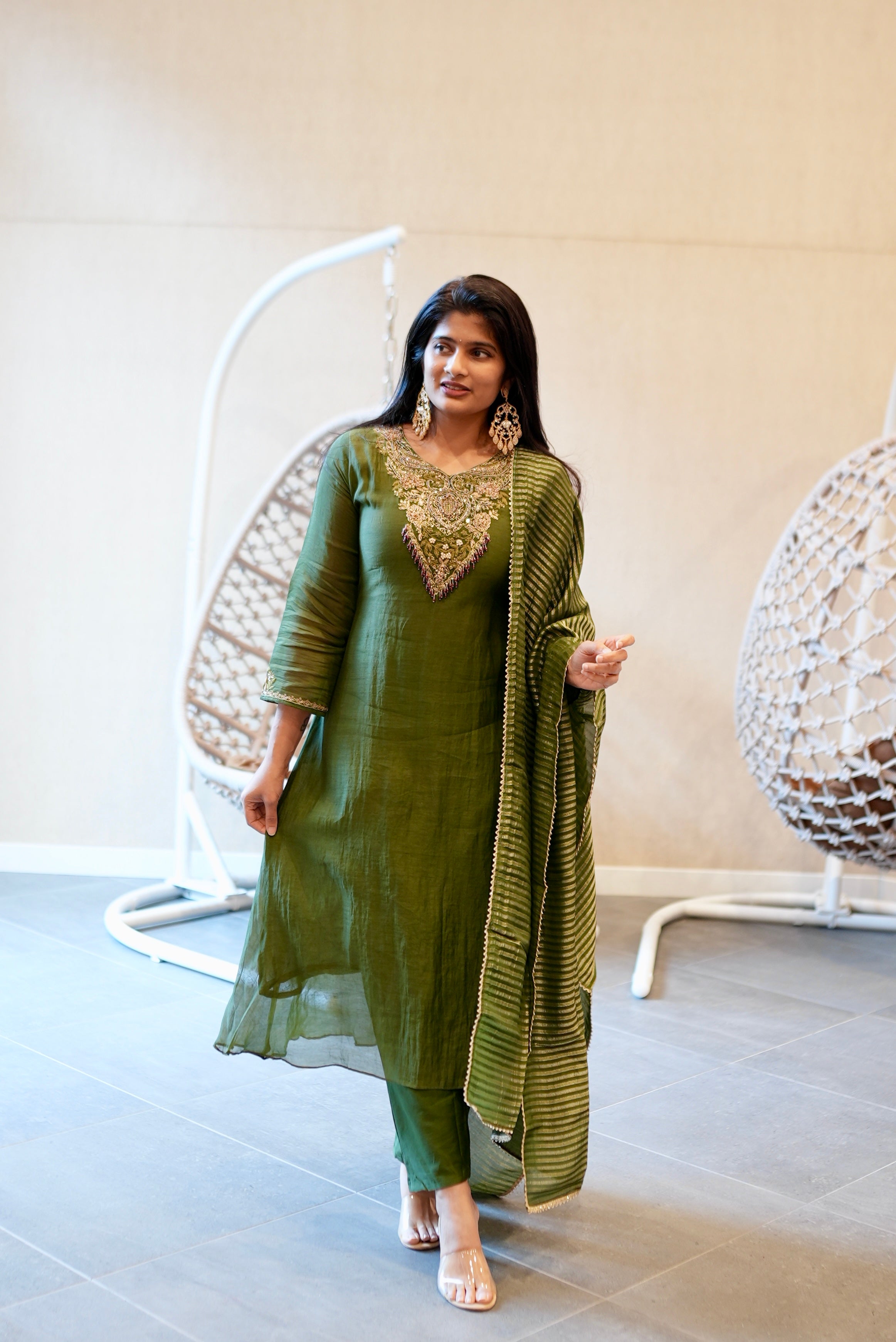 Olive Green Embroidered Kurta Set