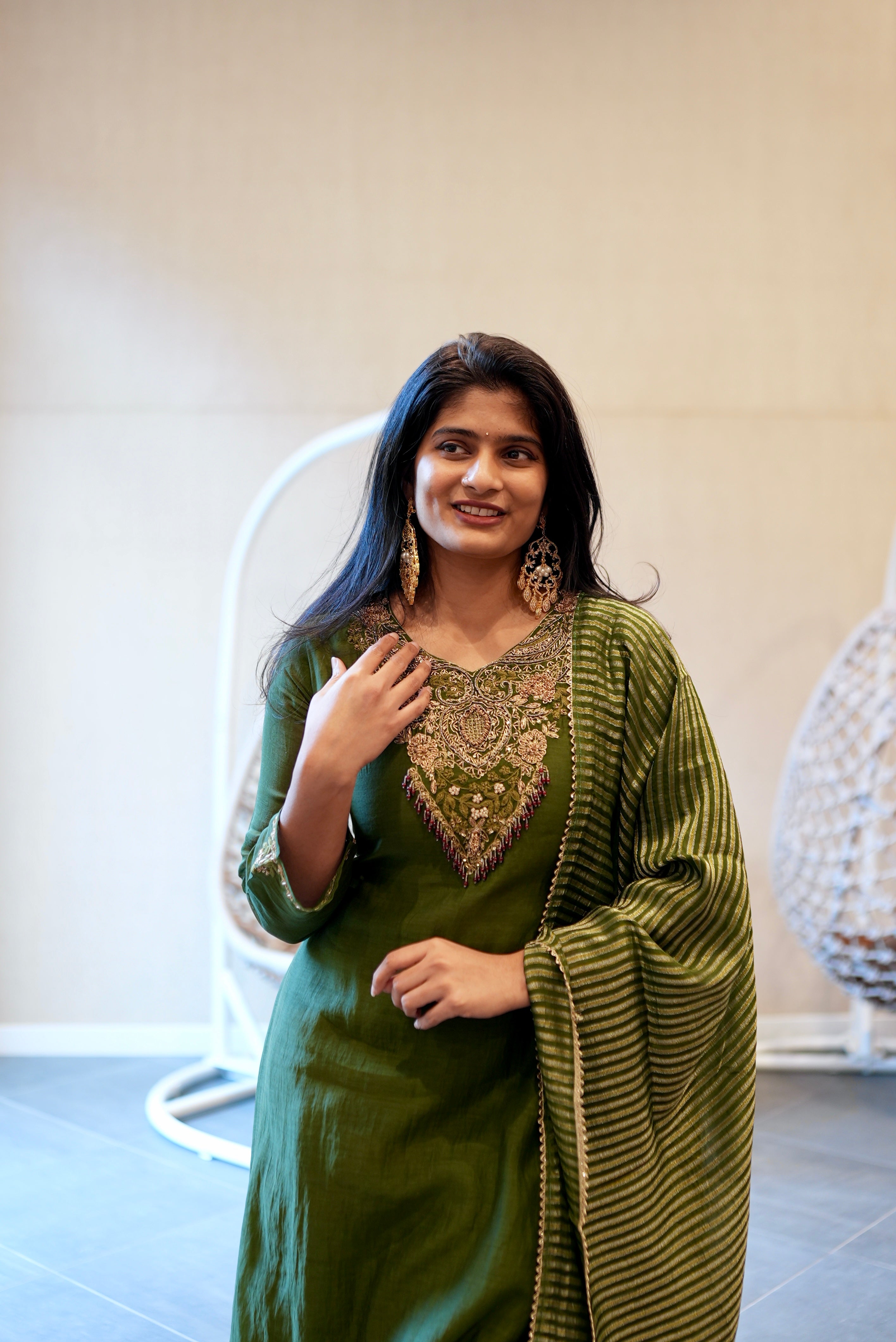 Olive Green Embroidered Kurta Set