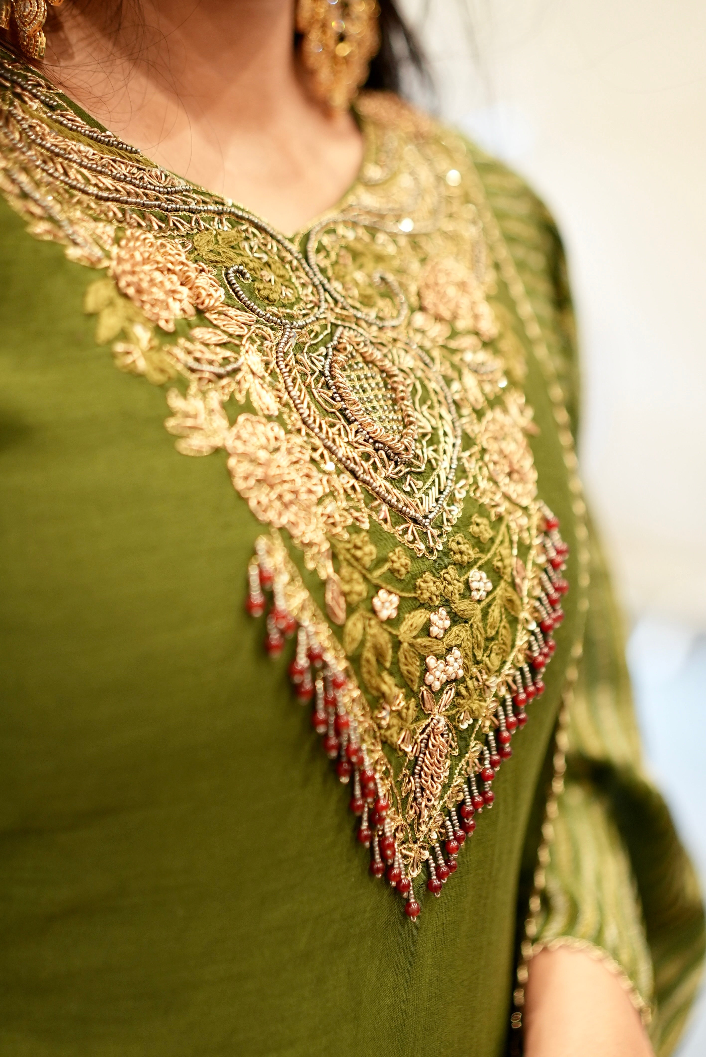 Olive Green Embroidered Kurta Set