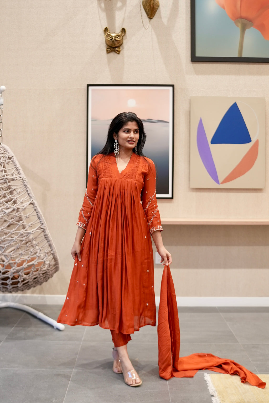 Orange Embroidered Kurta Set