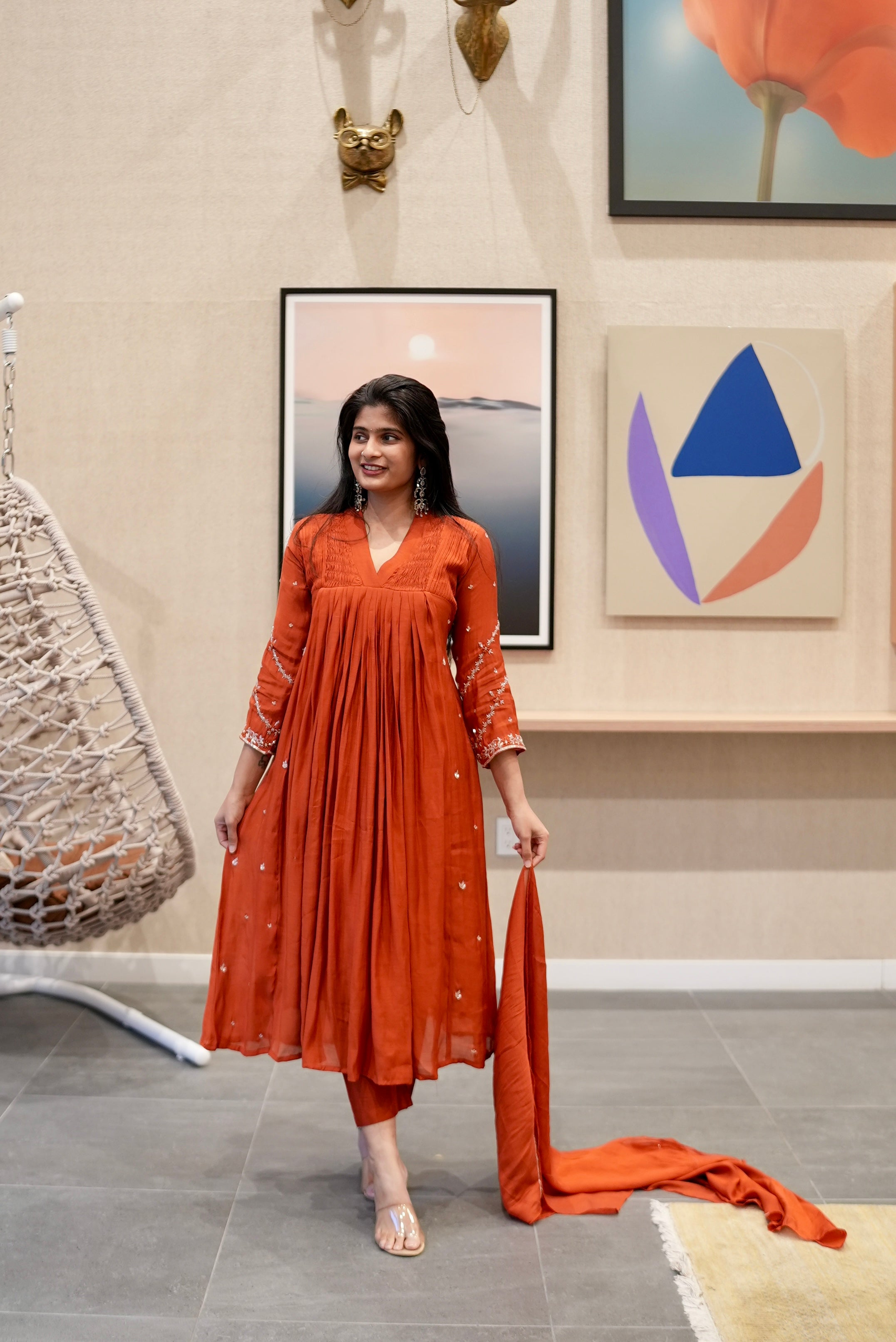 Orange Embroidered Kurta Set