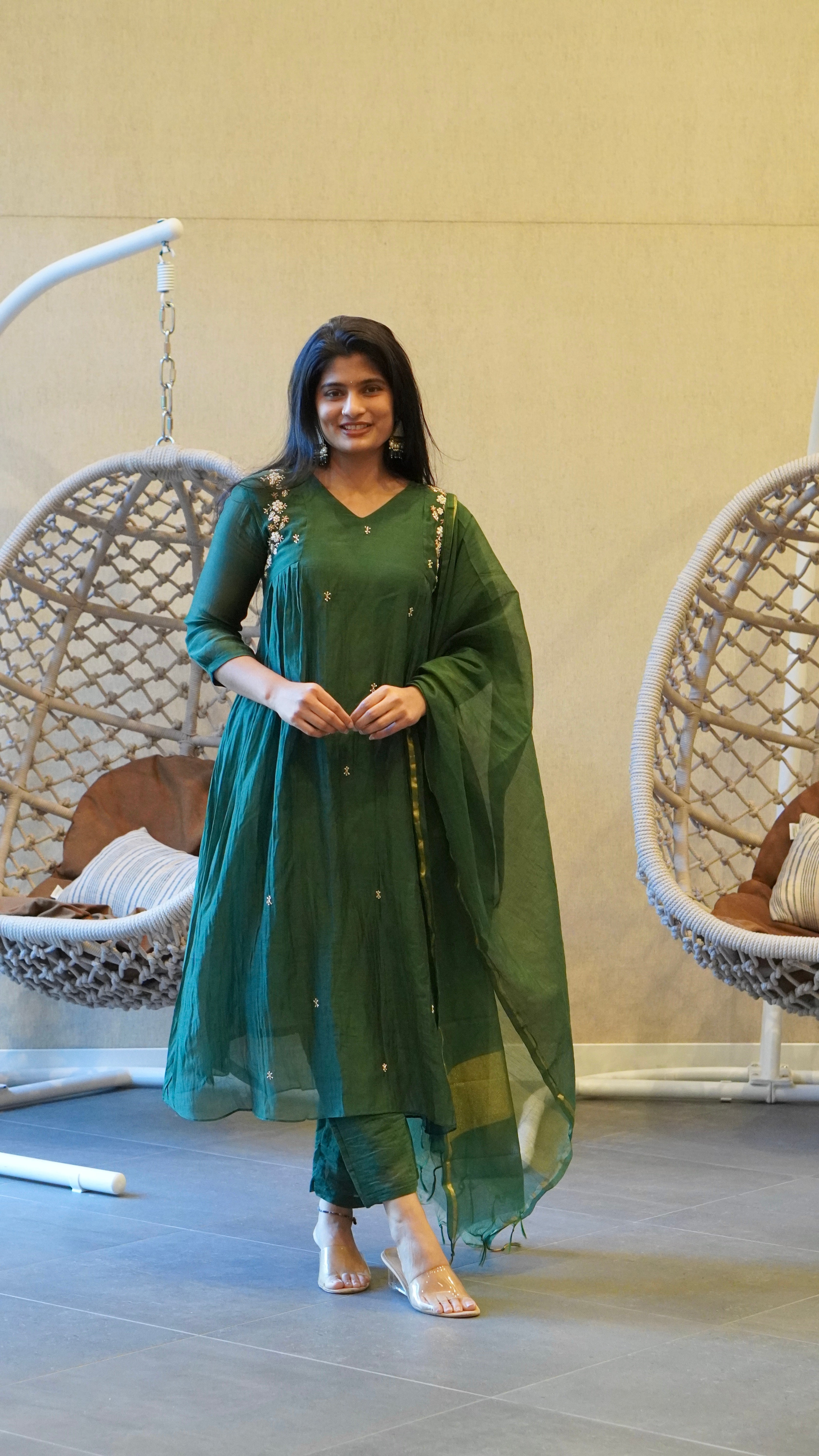 Deep Bottle Green Embroidered Kurta Set