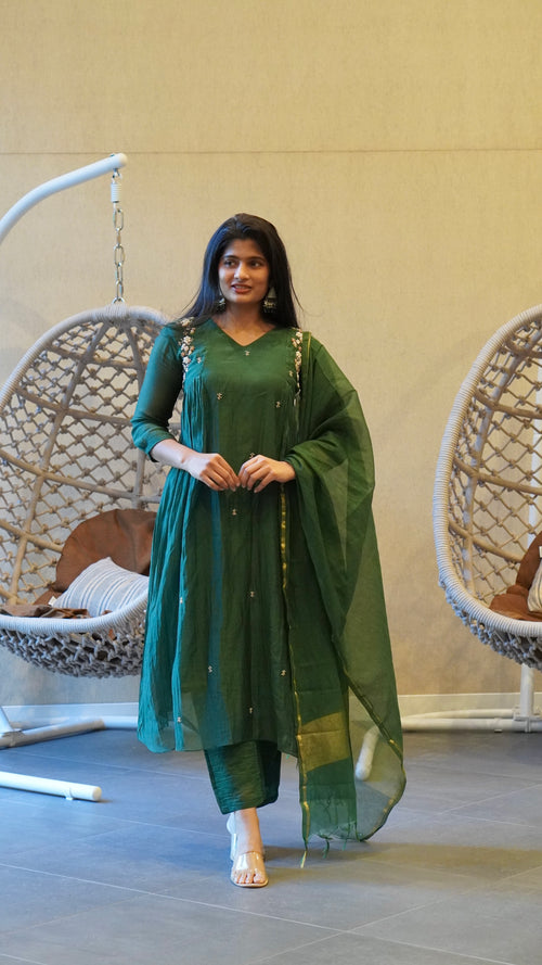 Deep Bottle Green Embroidered Kurta Set