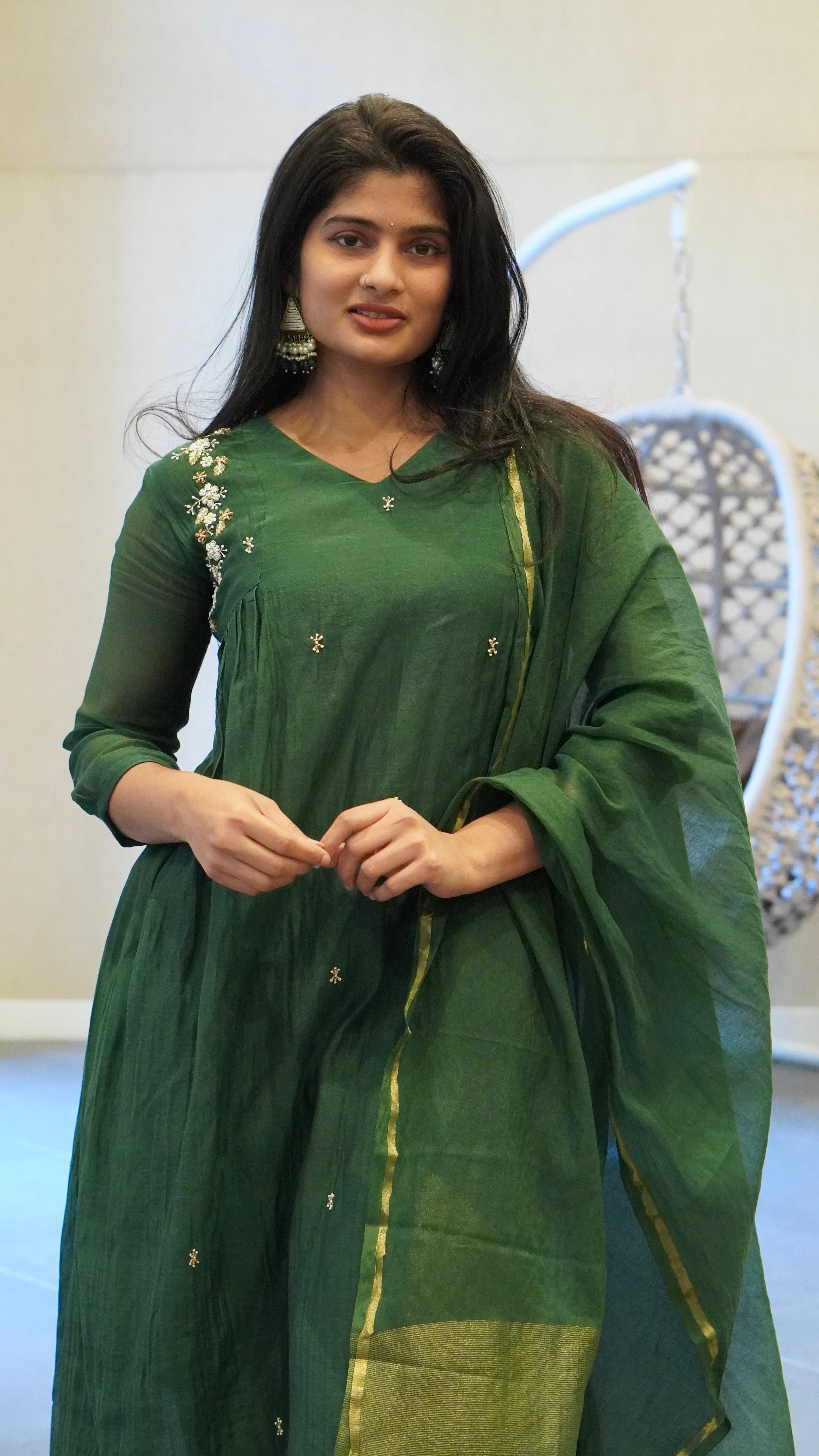 Deep Bottle Green Embroidered Kurta Set
