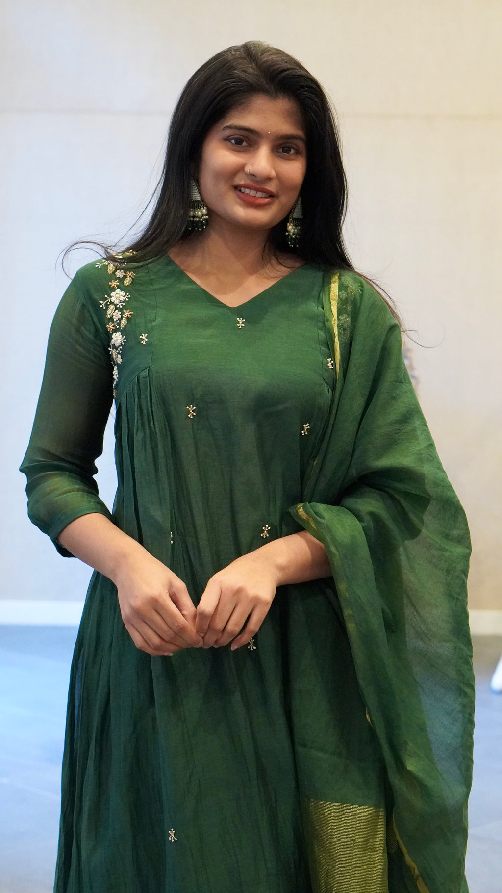 Deep Bottle Green Embroidered Kurta Set
