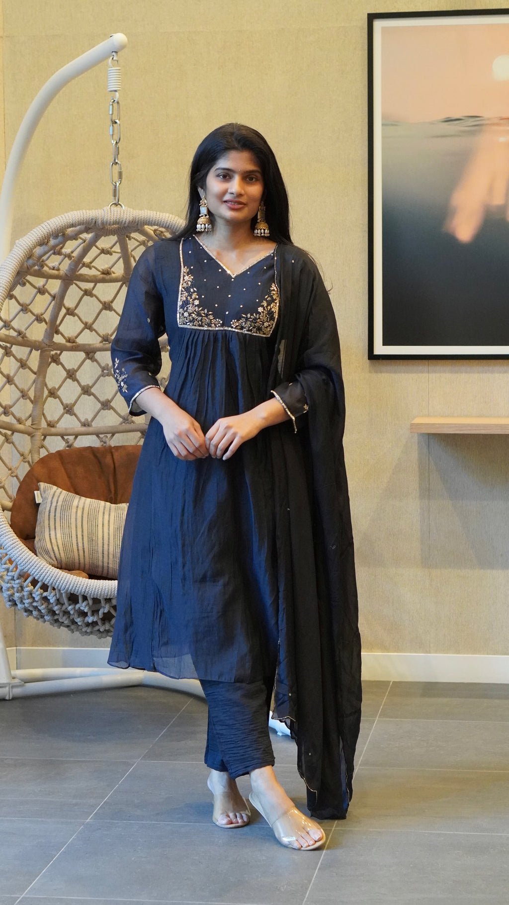 Deep Midnight Navy Blue Embroidered Kurta Set