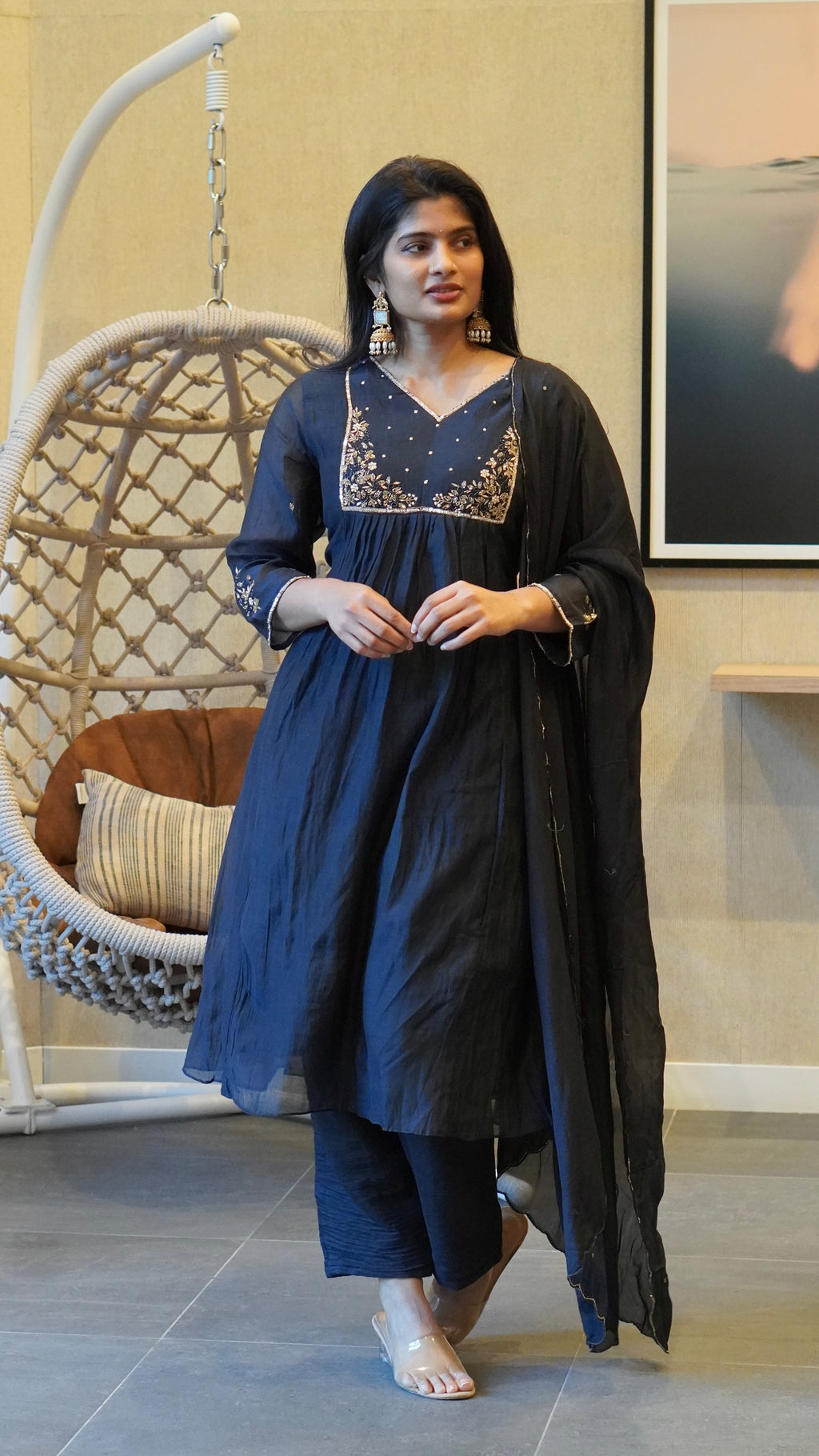 Deep Midnight Navy Blue Embroidered Kurta Set