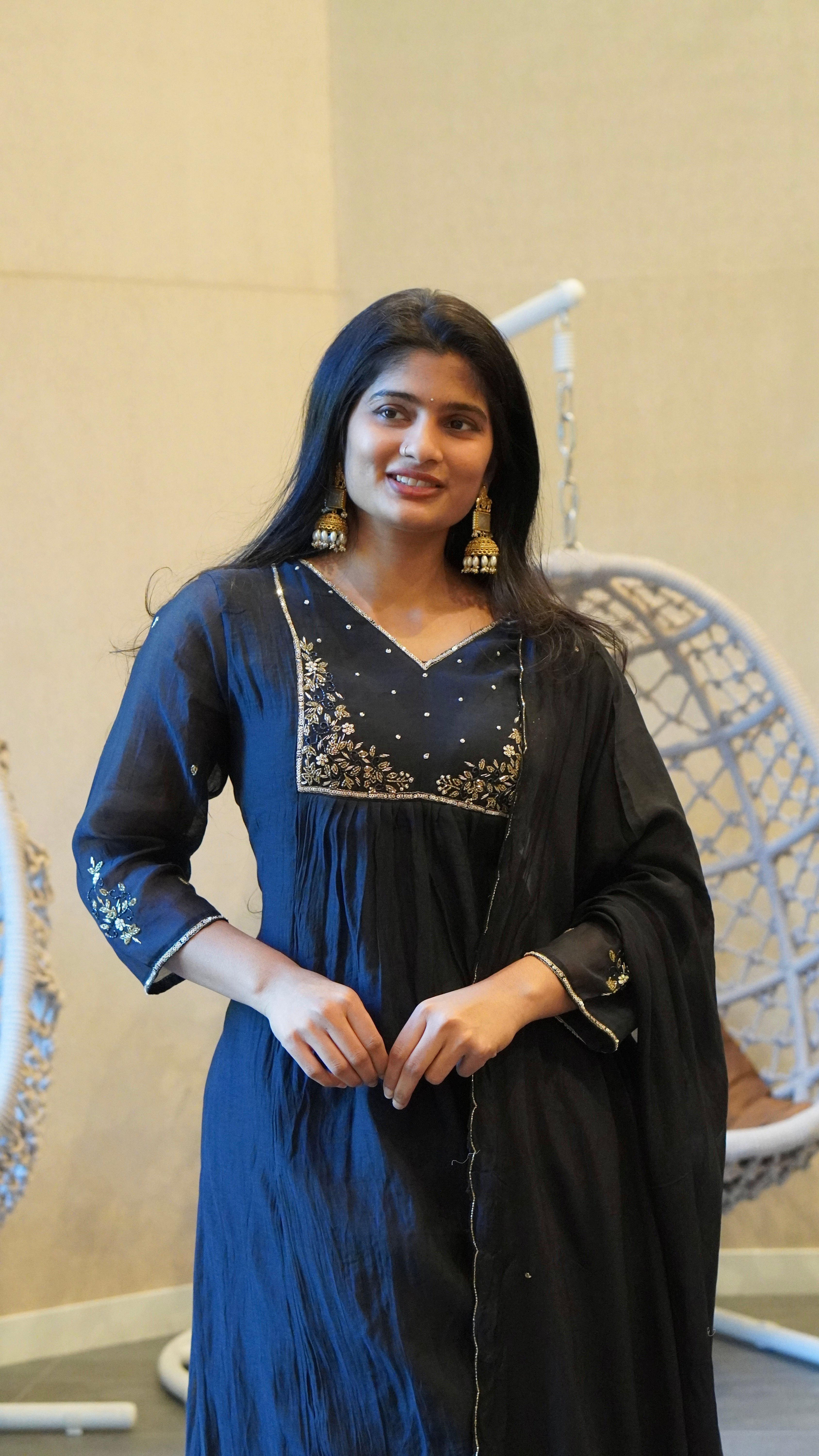 Deep Midnight Navy Blue Embroidered Kurta Set