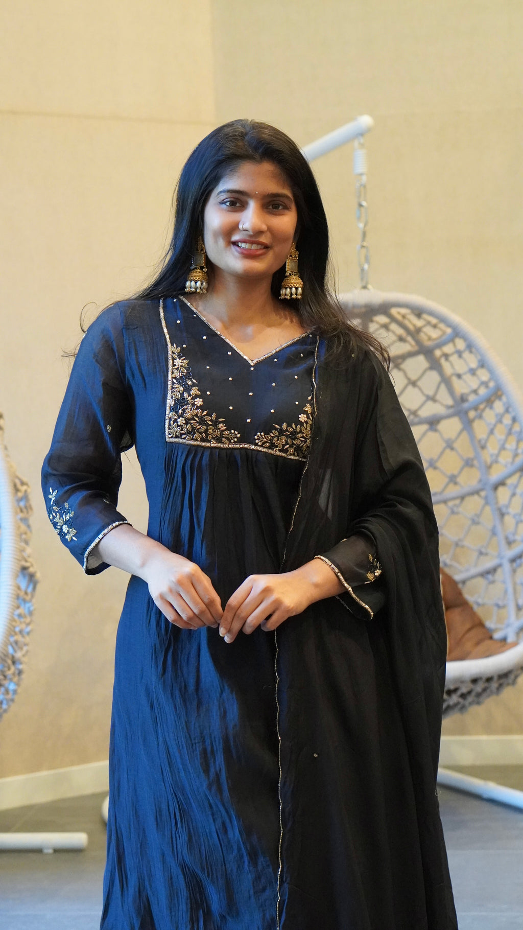 Deep Midnight Navy Blue Embroidered Kurta Set