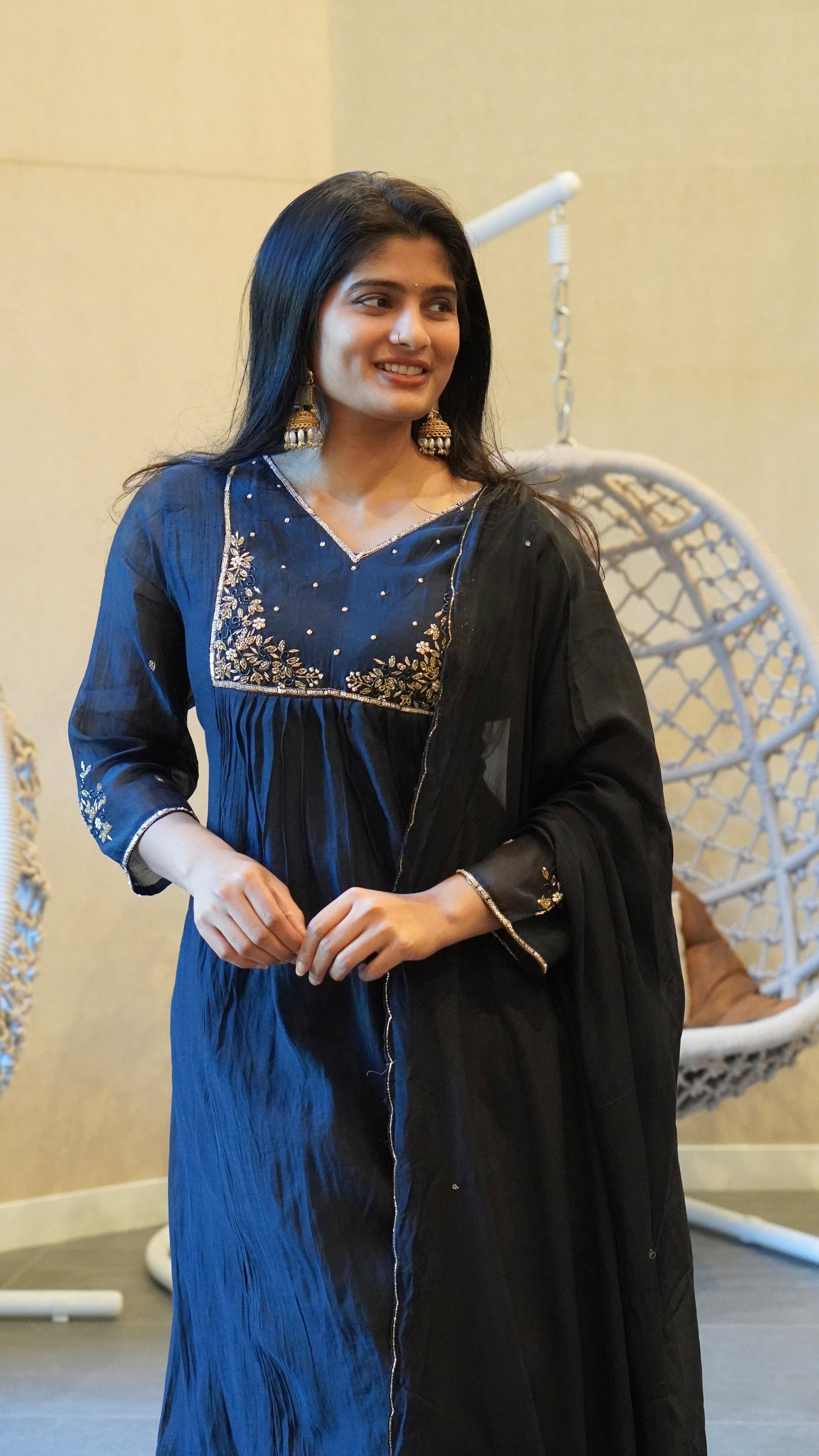 Deep Midnight Navy Blue Embroidered Kurta Set