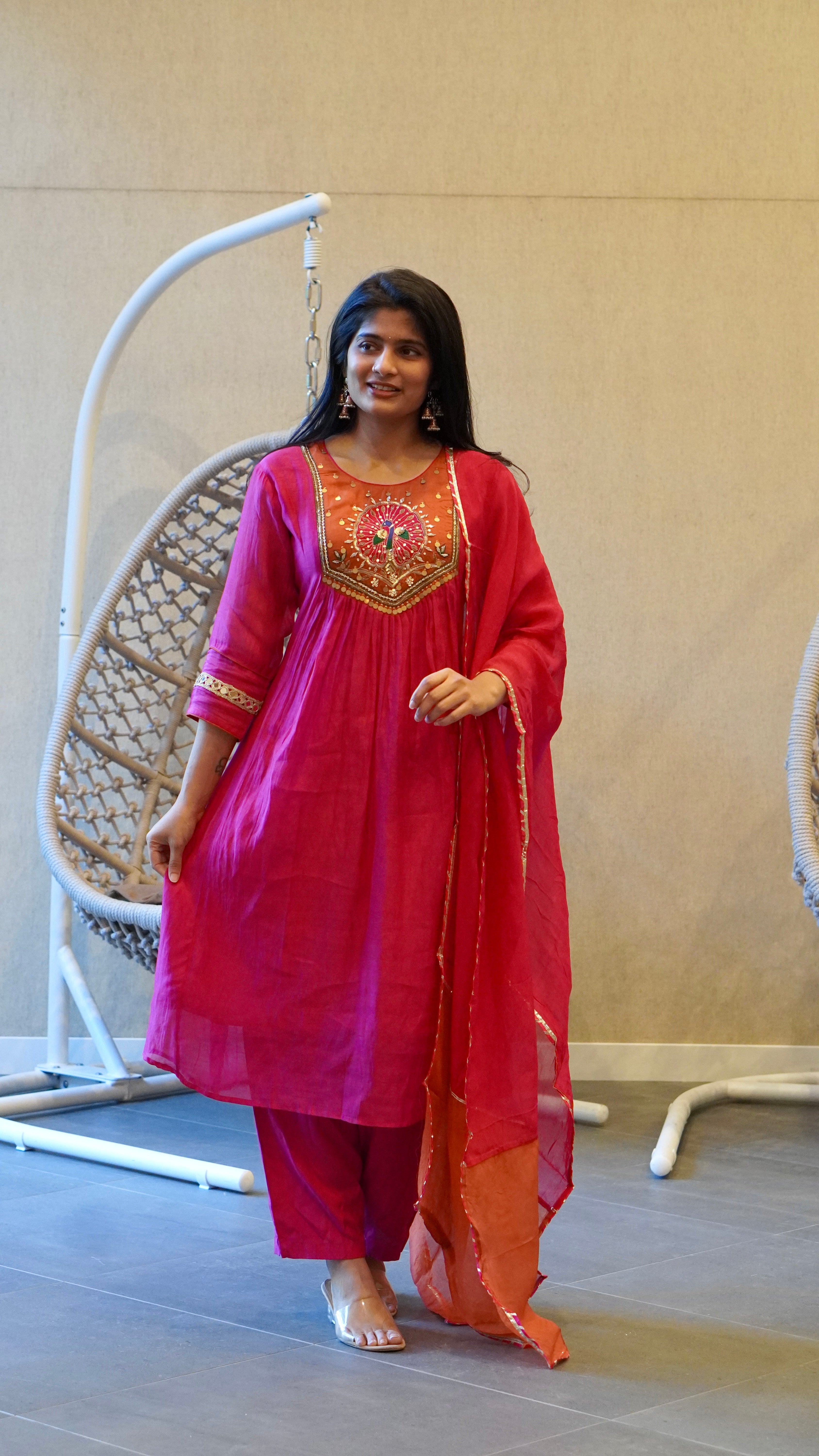 Pink and Orange Embroidered Kurta Set