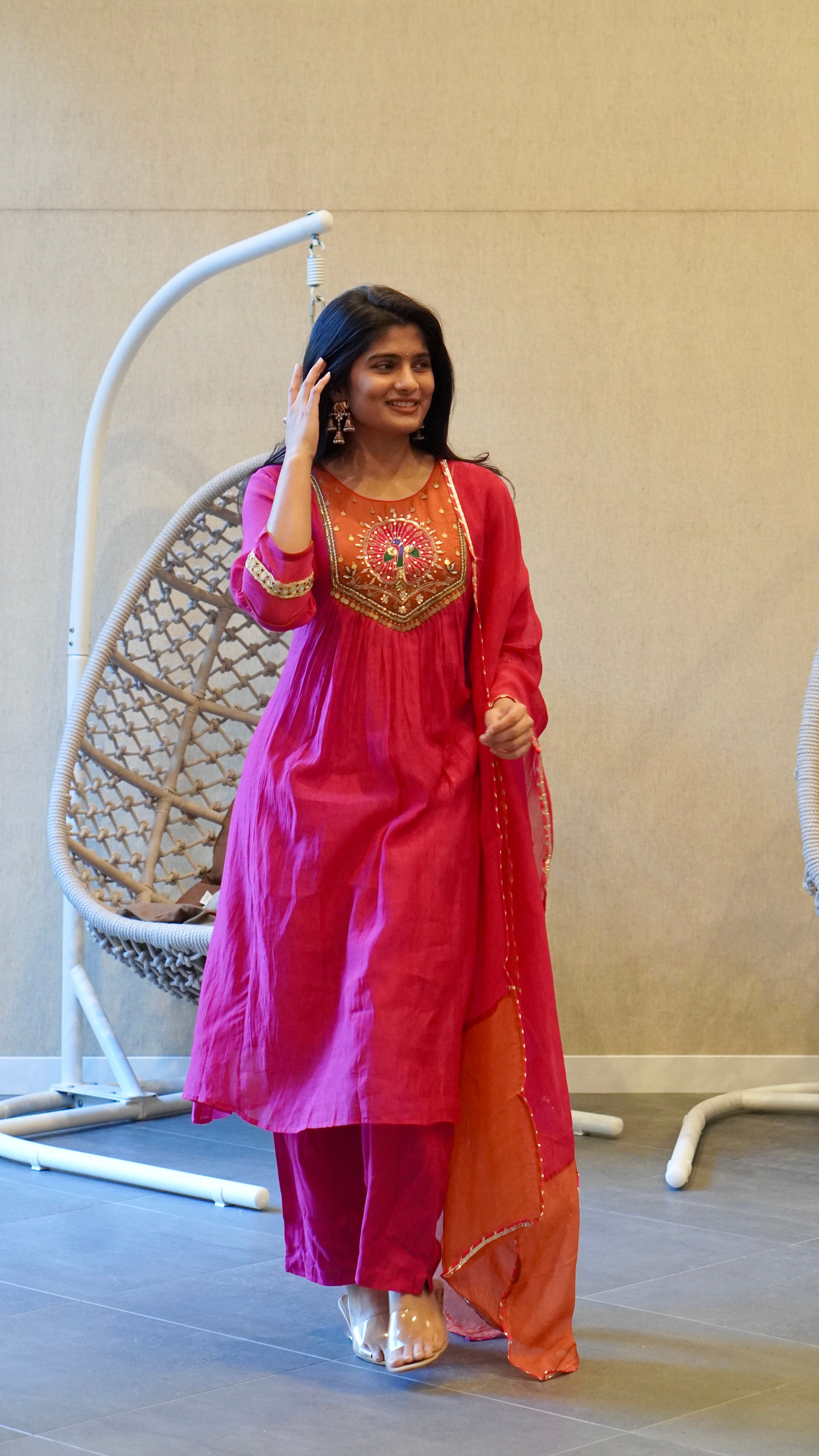 Pink and Orange Embroidered Kurta Set