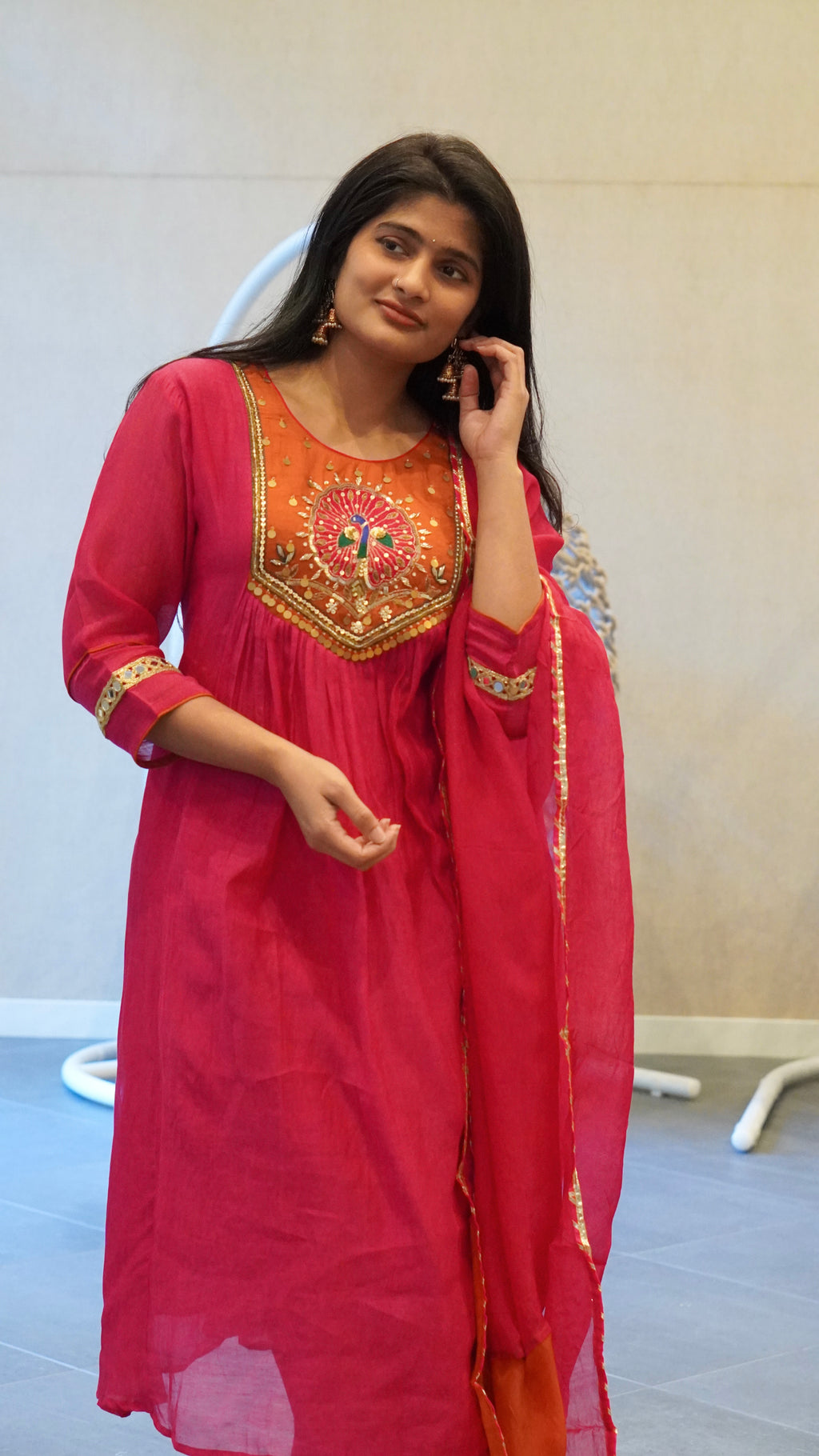 Pink and Orange Embroidered Kurta Set
