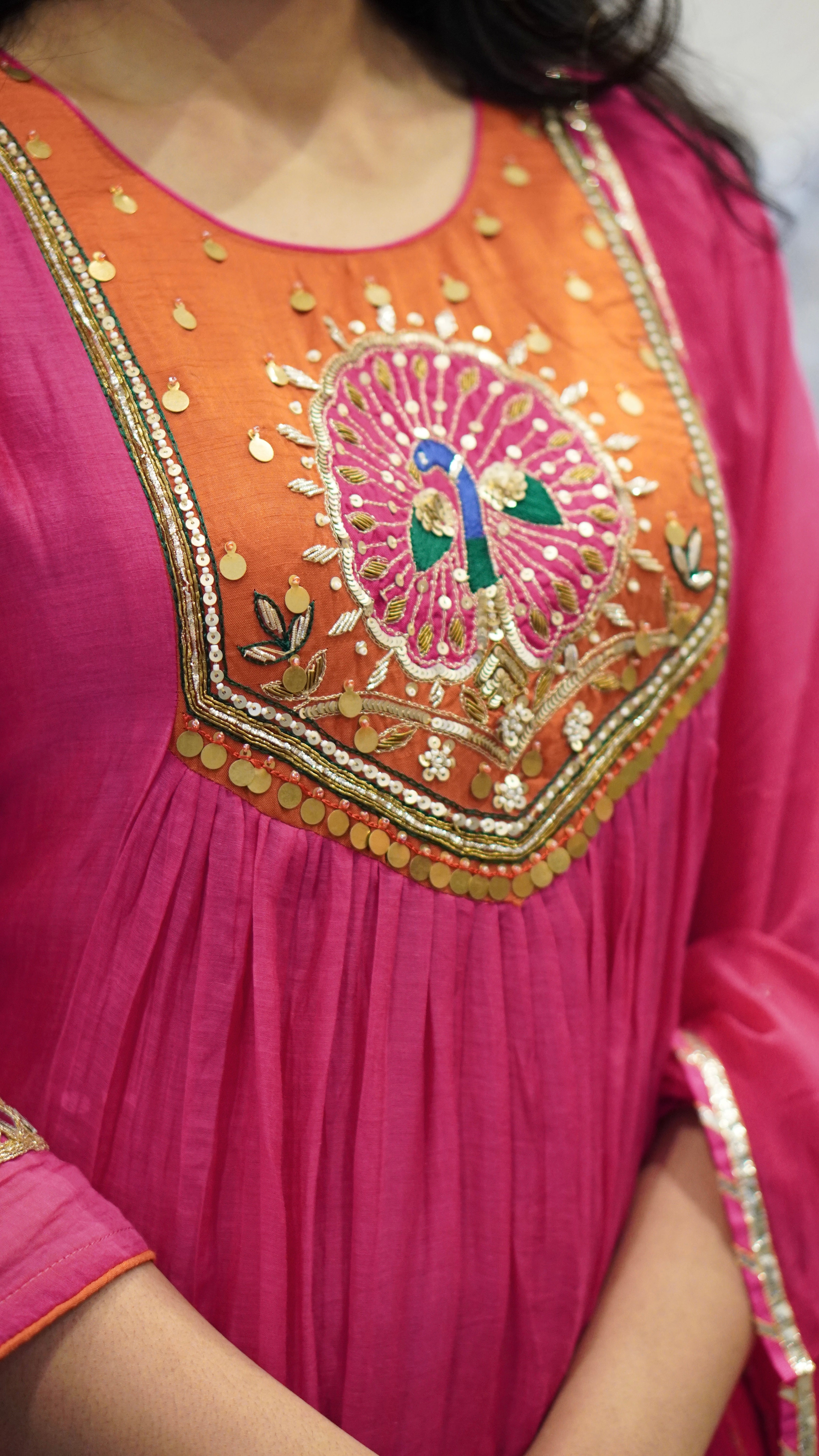 Pink and Orange Embroidered Kurta Set