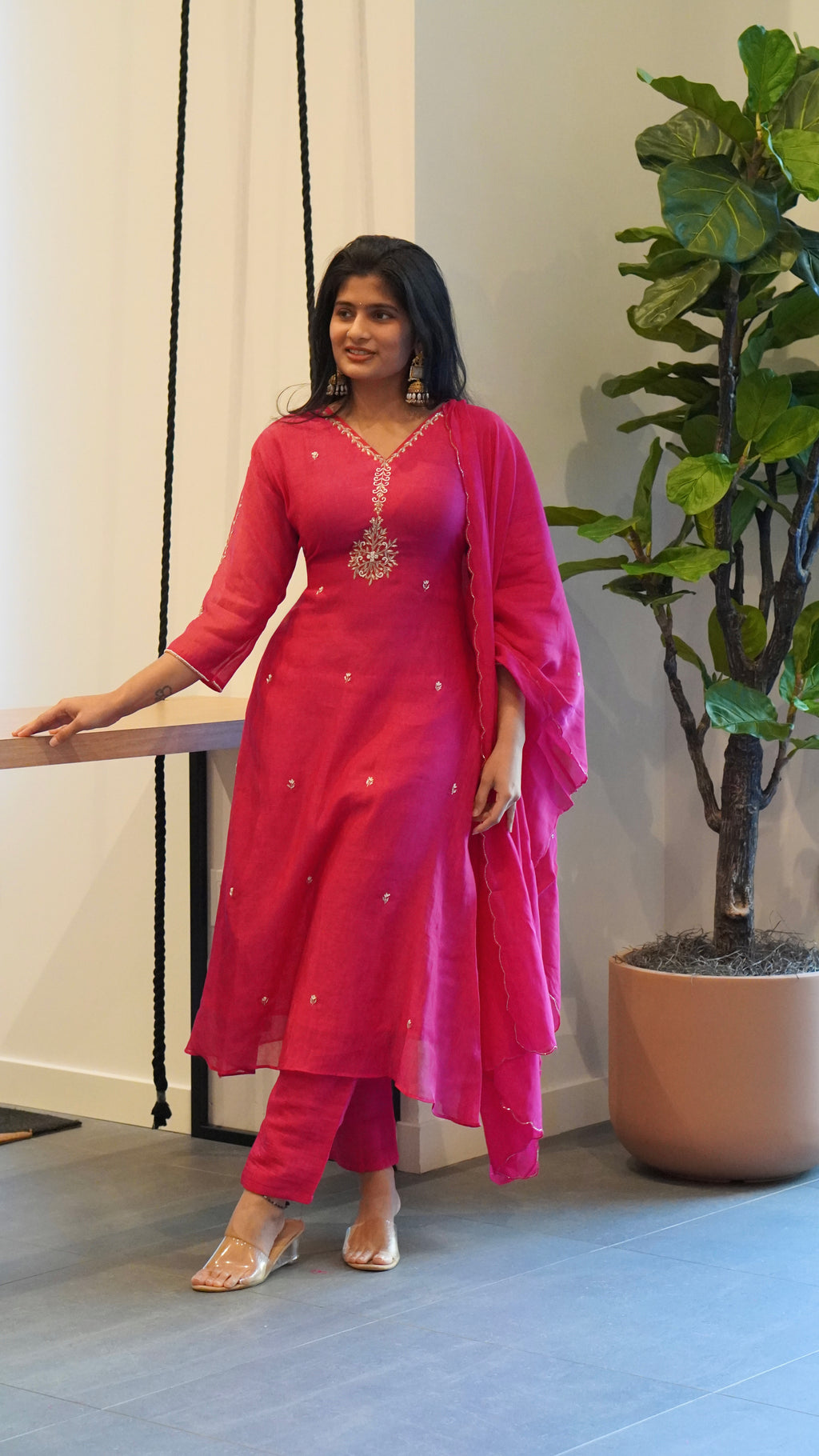 Rani Pink/Blue Embroidered Kurta Set