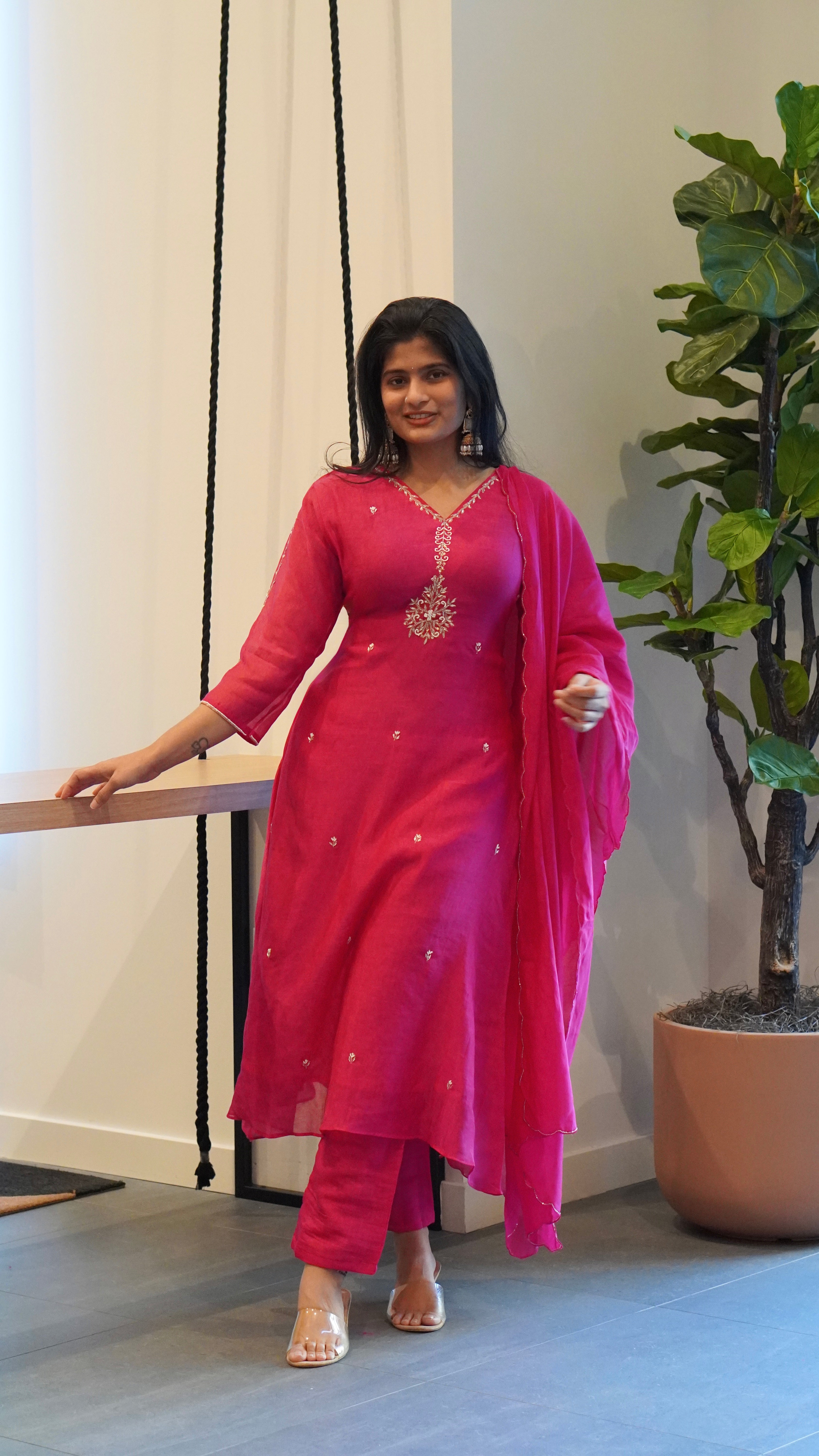 Rani Pink/Blue Embroidered Kurta Set