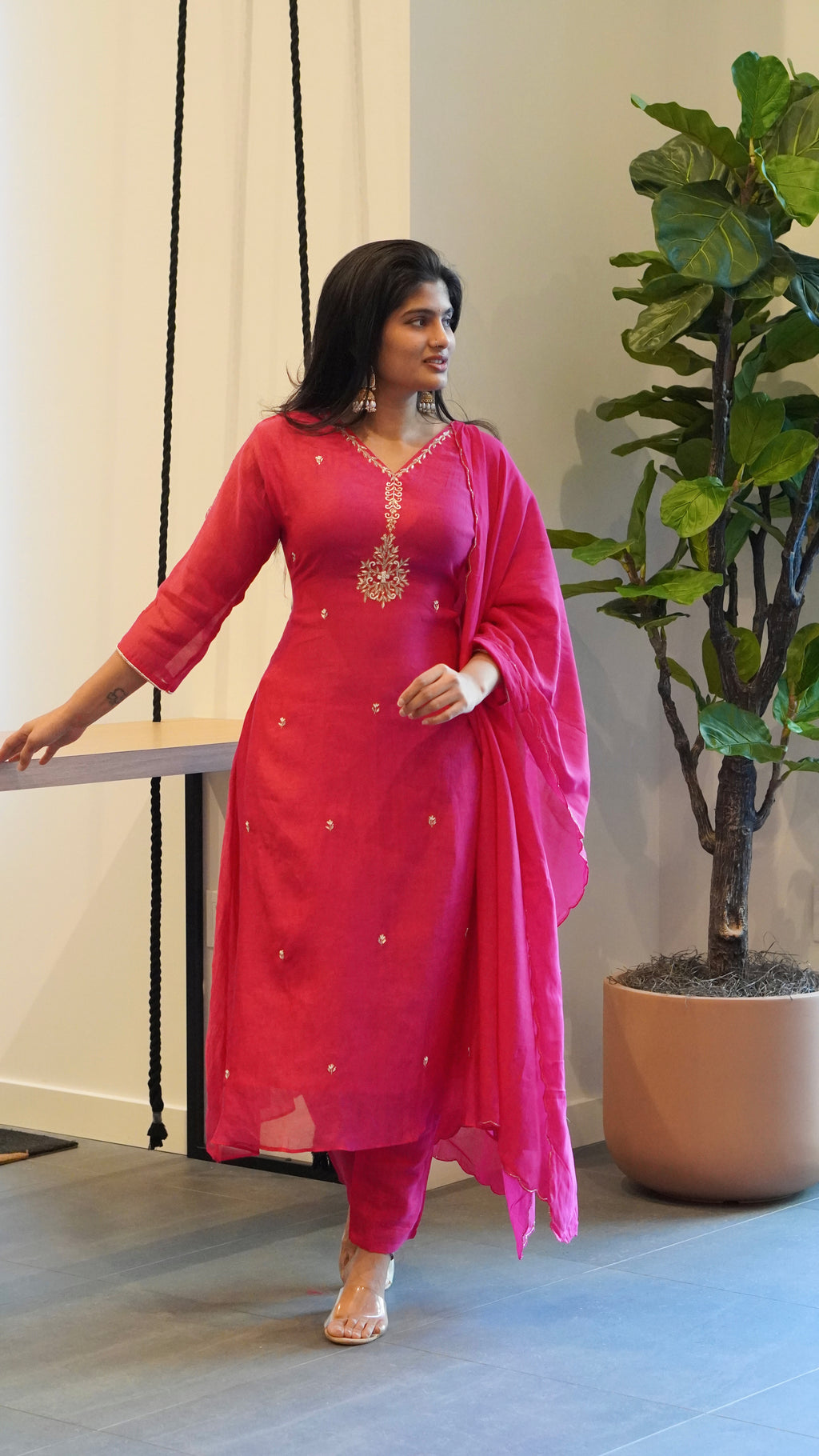 Rani Pink/Blue Embroidered Kurta Set