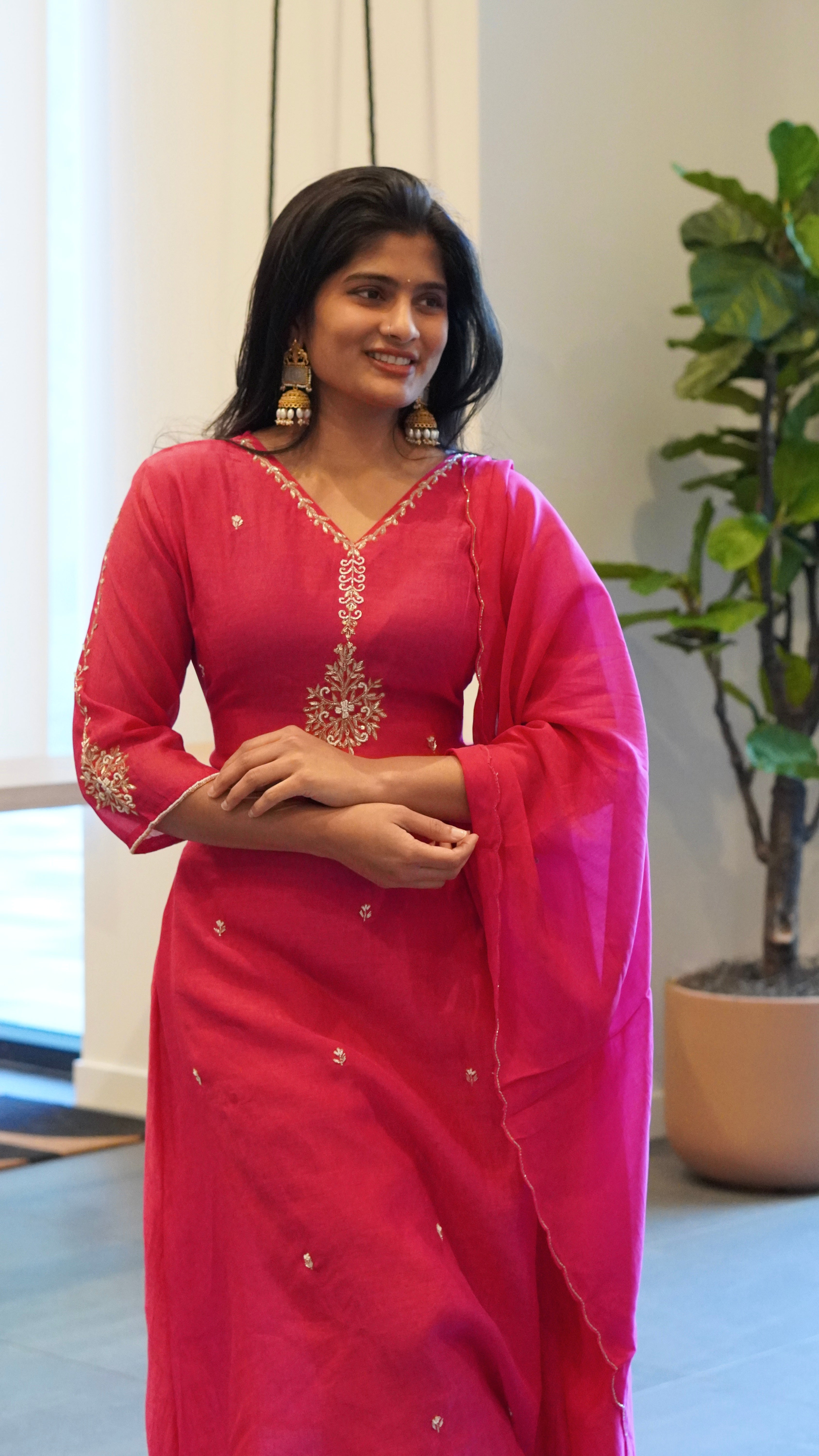 Rani Pink/Blue Embroidered Kurta Set