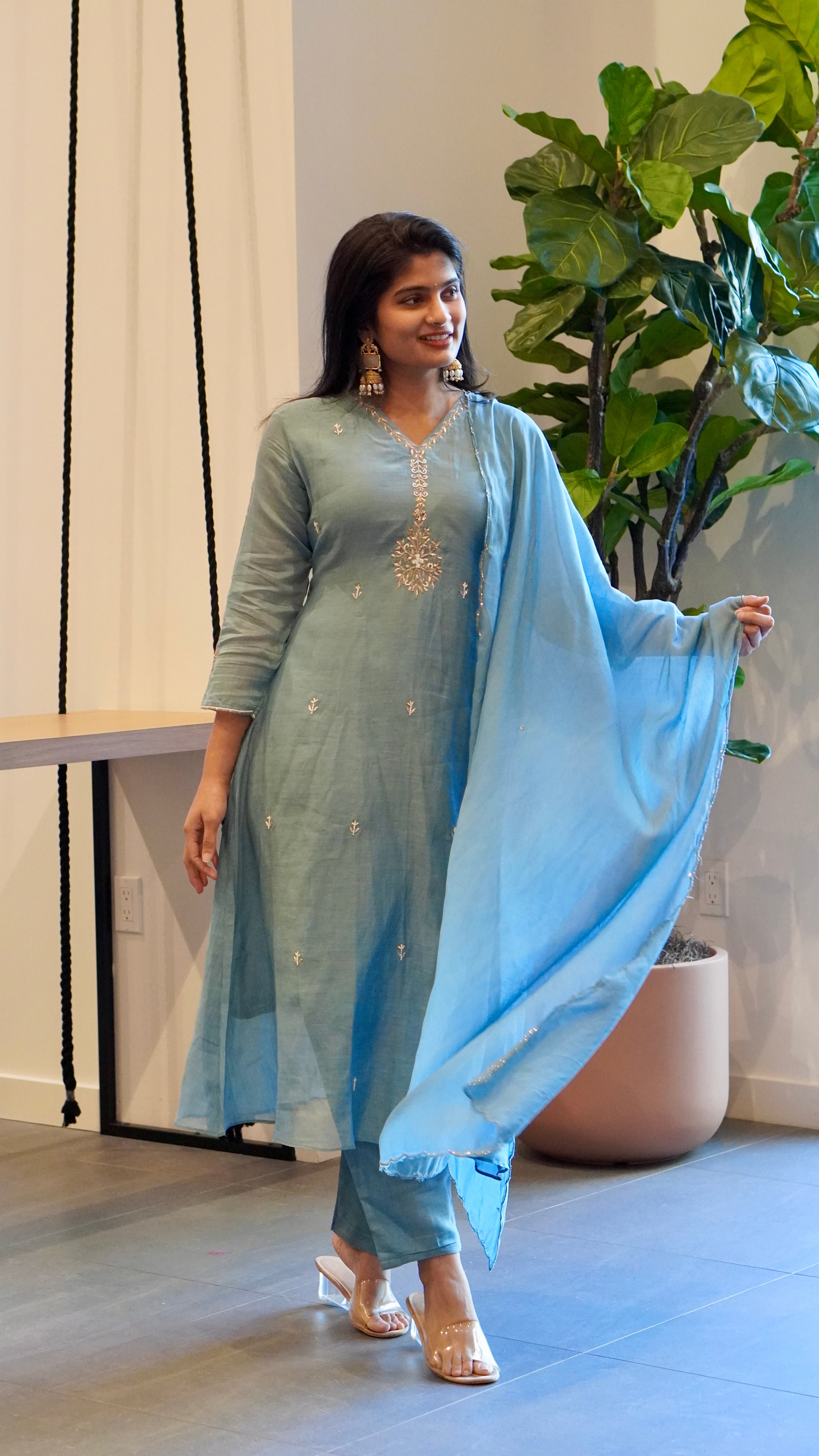 Rani Pink/Blue Embroidered Kurta Set