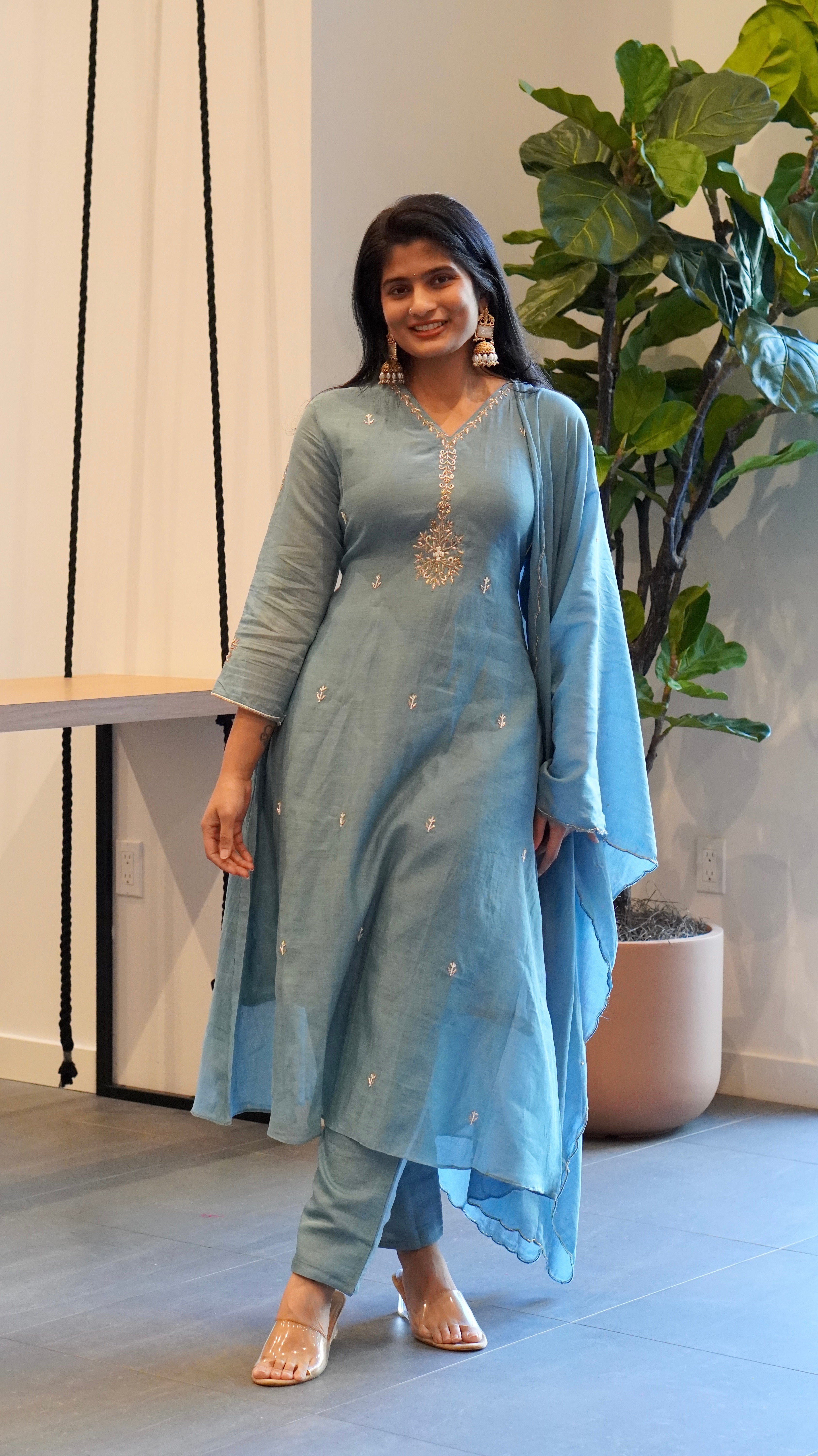 Rani Pink/Blue Embroidered Kurta Set