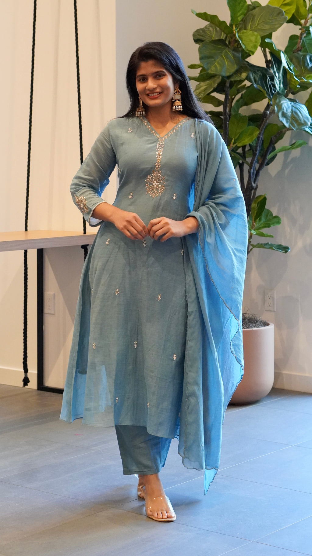Rani Pink/Blue Embroidered Kurta Set