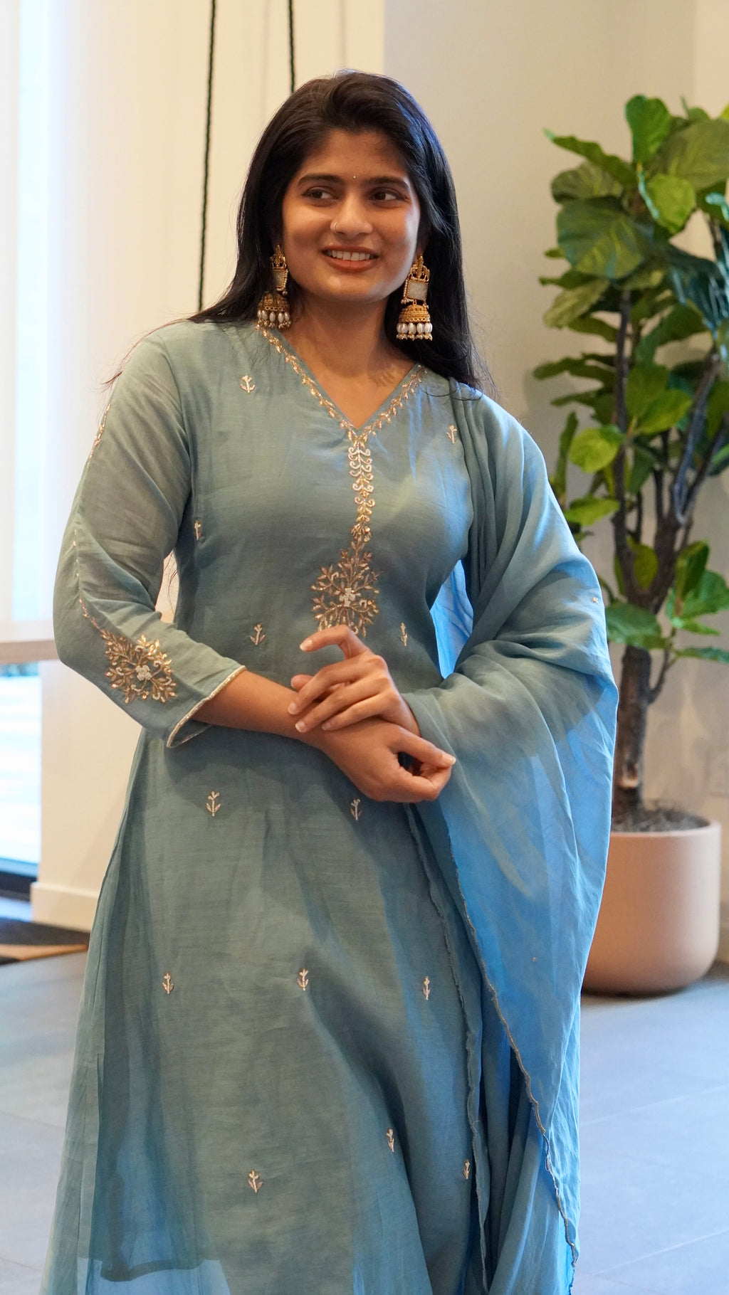 Rani Pink/Blue Embroidered Kurta Set