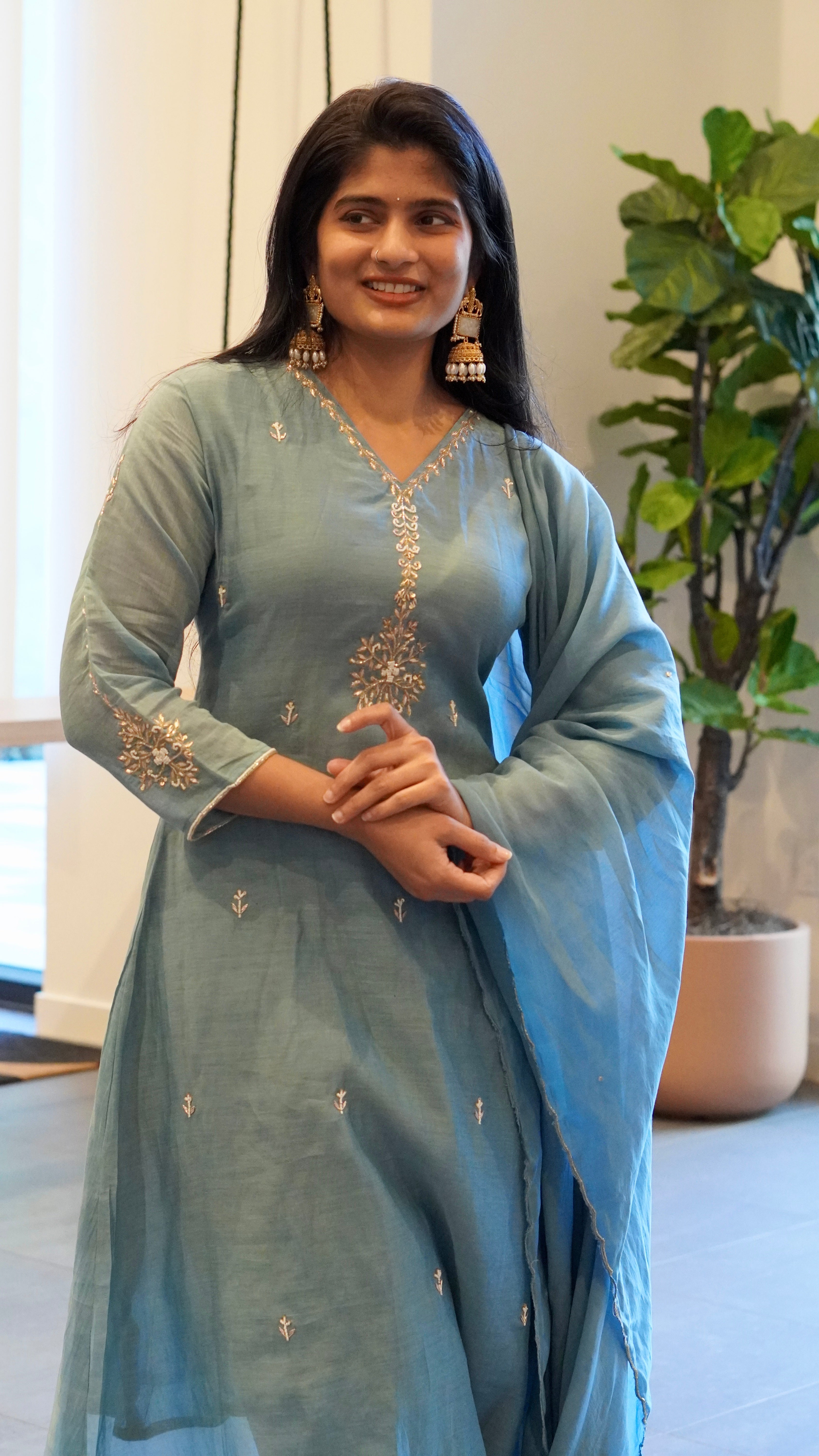 Rani Pink/Blue Embroidered Kurta Set
