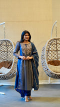 Royal Blue/ Magenta Pink floral Embroidered Kurta Set