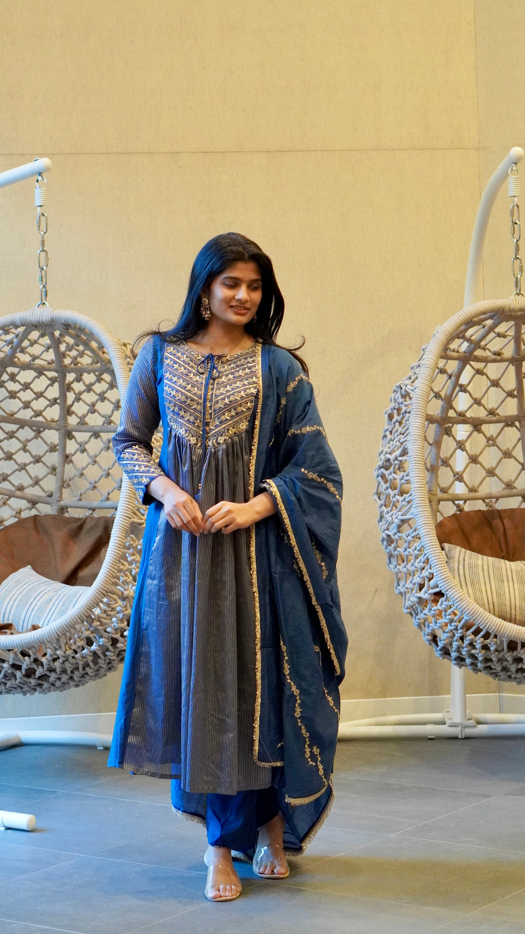 Royal Blue/ Magenta Pink floral Embroidered Kurta Set