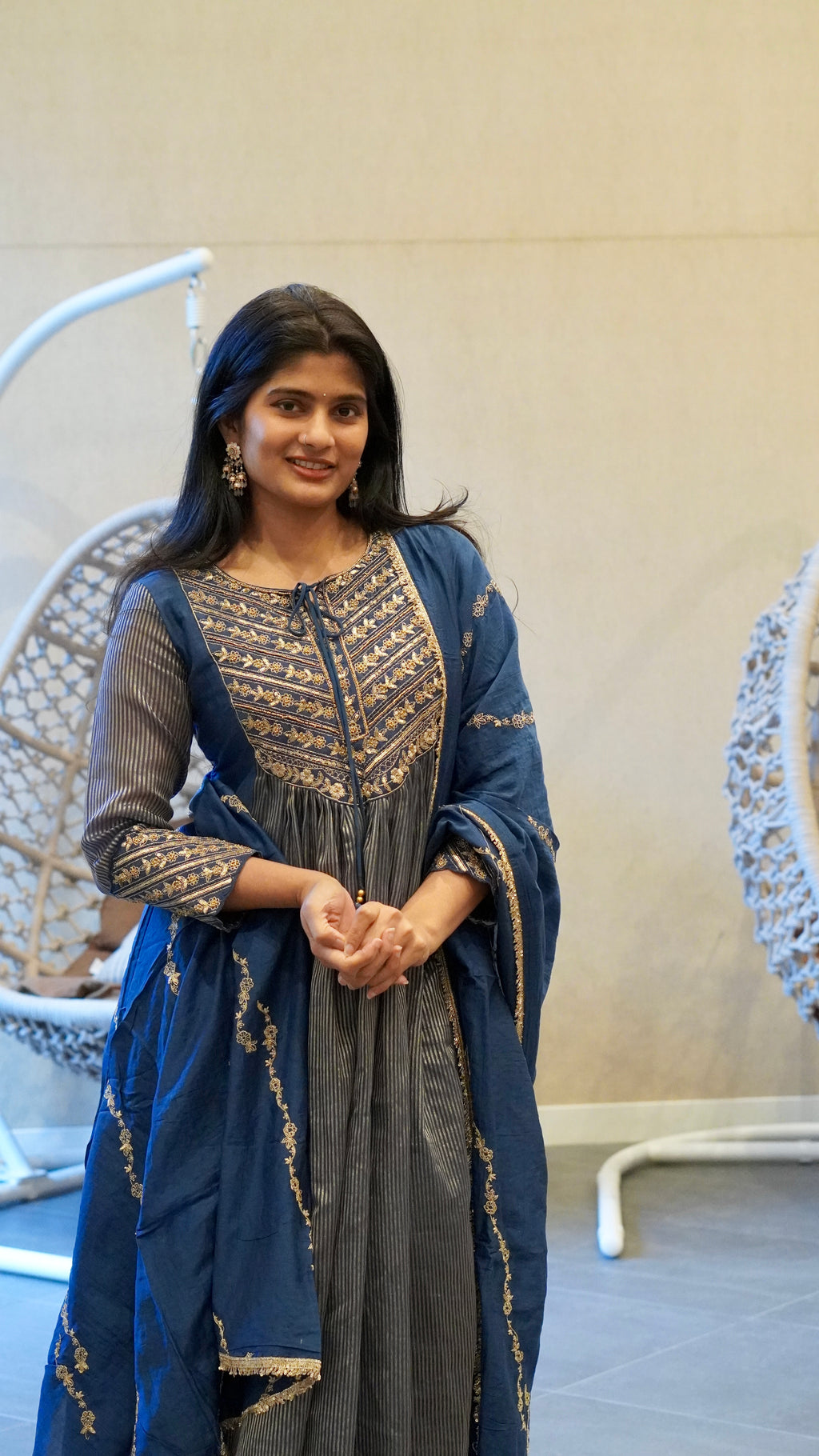 Royal Blue/ Magenta Pink floral Embroidered Kurta Set