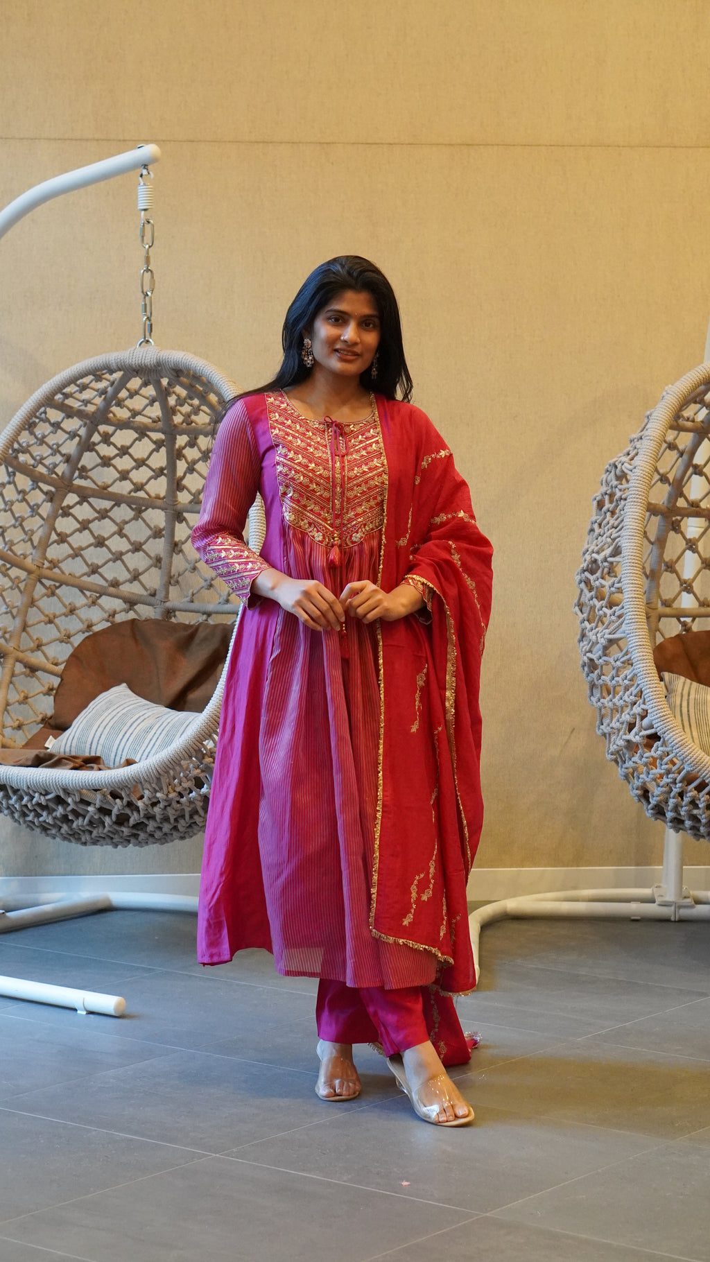 Royal Blue/ Magenta Pink floral Embroidered Kurta Set