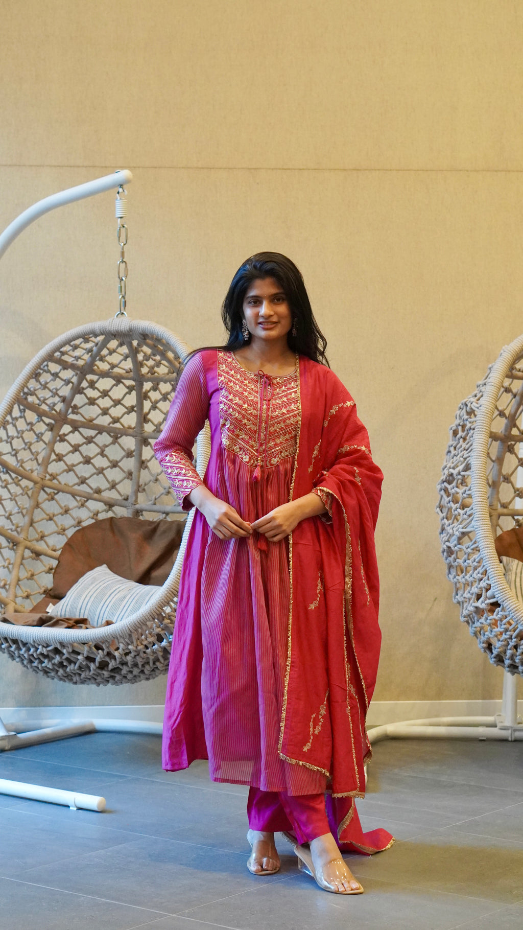 Royal Blue/ Magenta Pink floral Embroidered Kurta Set