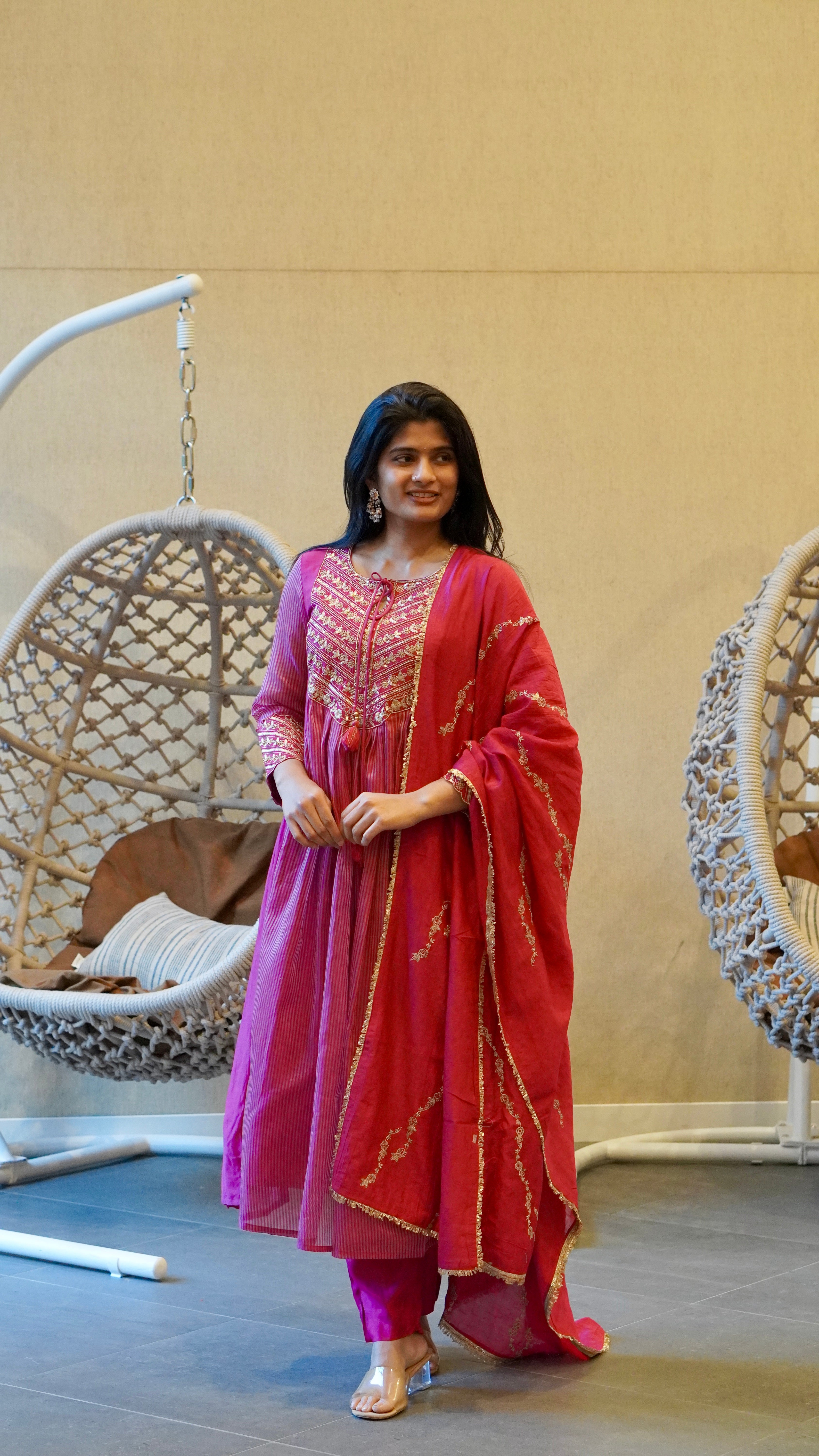 Royal Blue/ Magenta Pink floral Embroidered Kurta Set