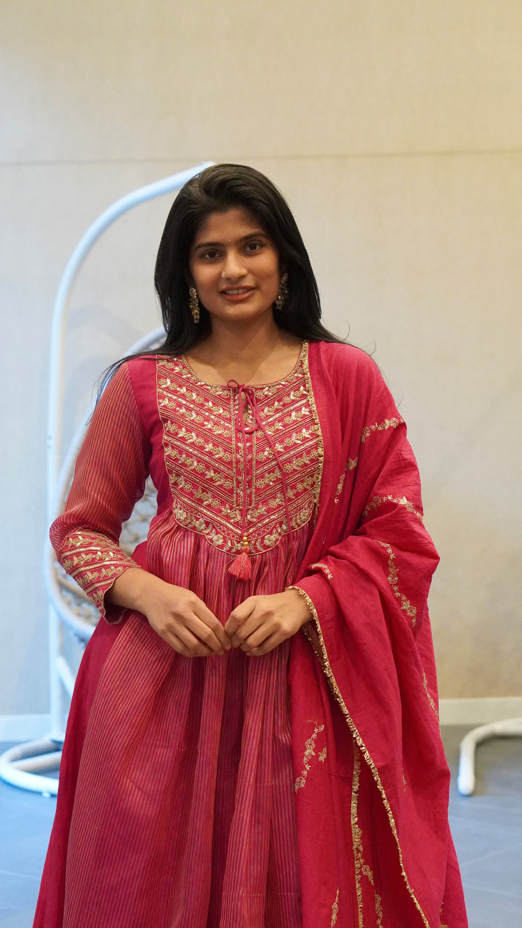Royal Blue/ Magenta Pink floral Embroidered Kurta Set