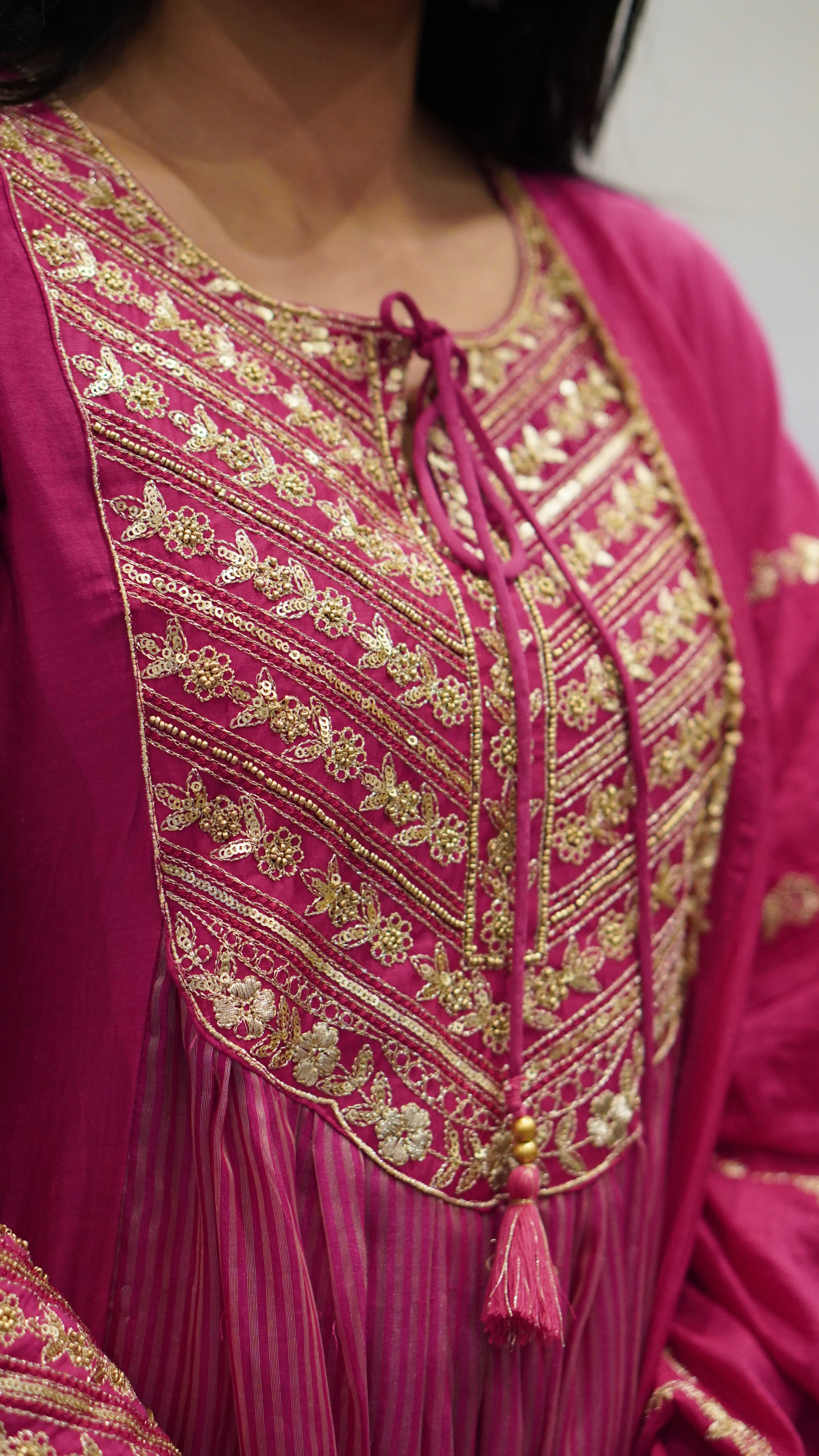 Royal Blue/ Magenta Pink floral Embroidered Kurta Set