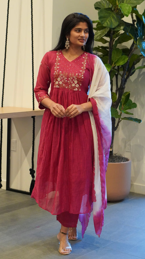 Berry Magenta/Wine Brown Embroidered Kurta Set