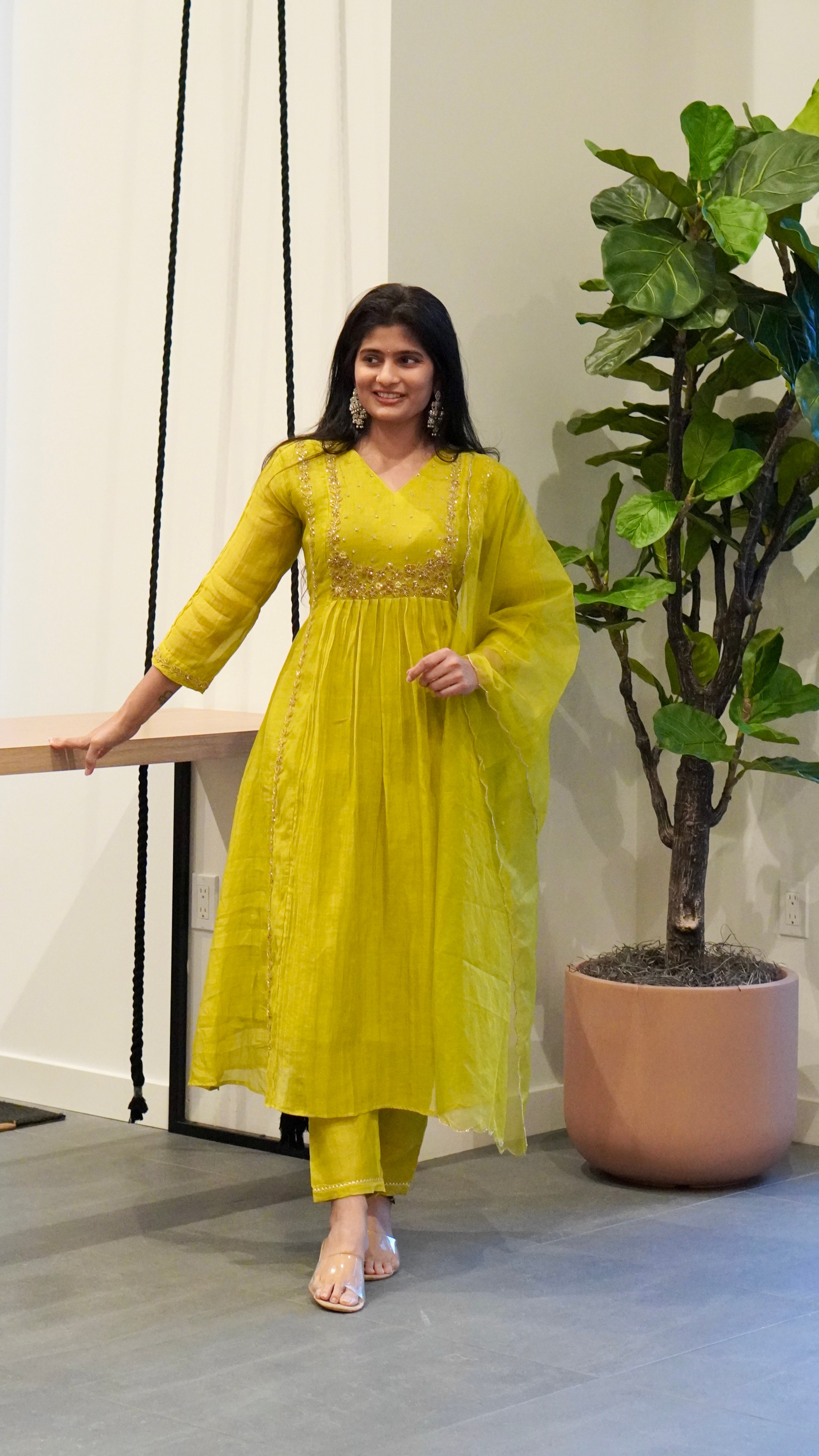Peach/Lime Green Embroidered Kurta Set