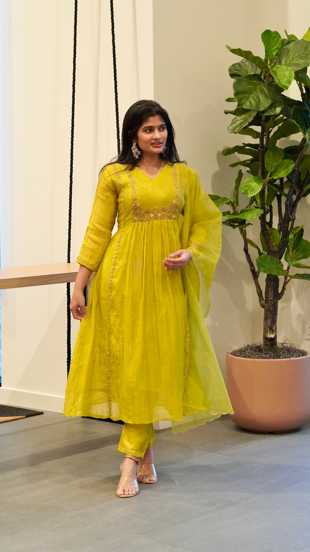 Peach/Lime Green Embroidered Kurta Set