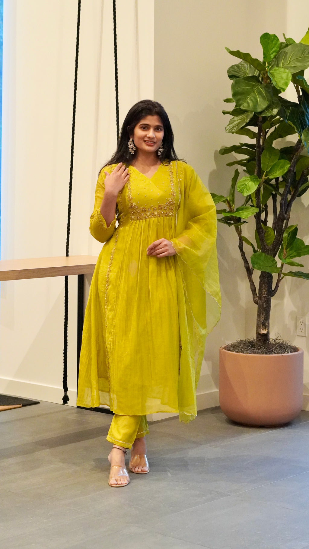 Peach/Lime Green Embroidered Kurta Set