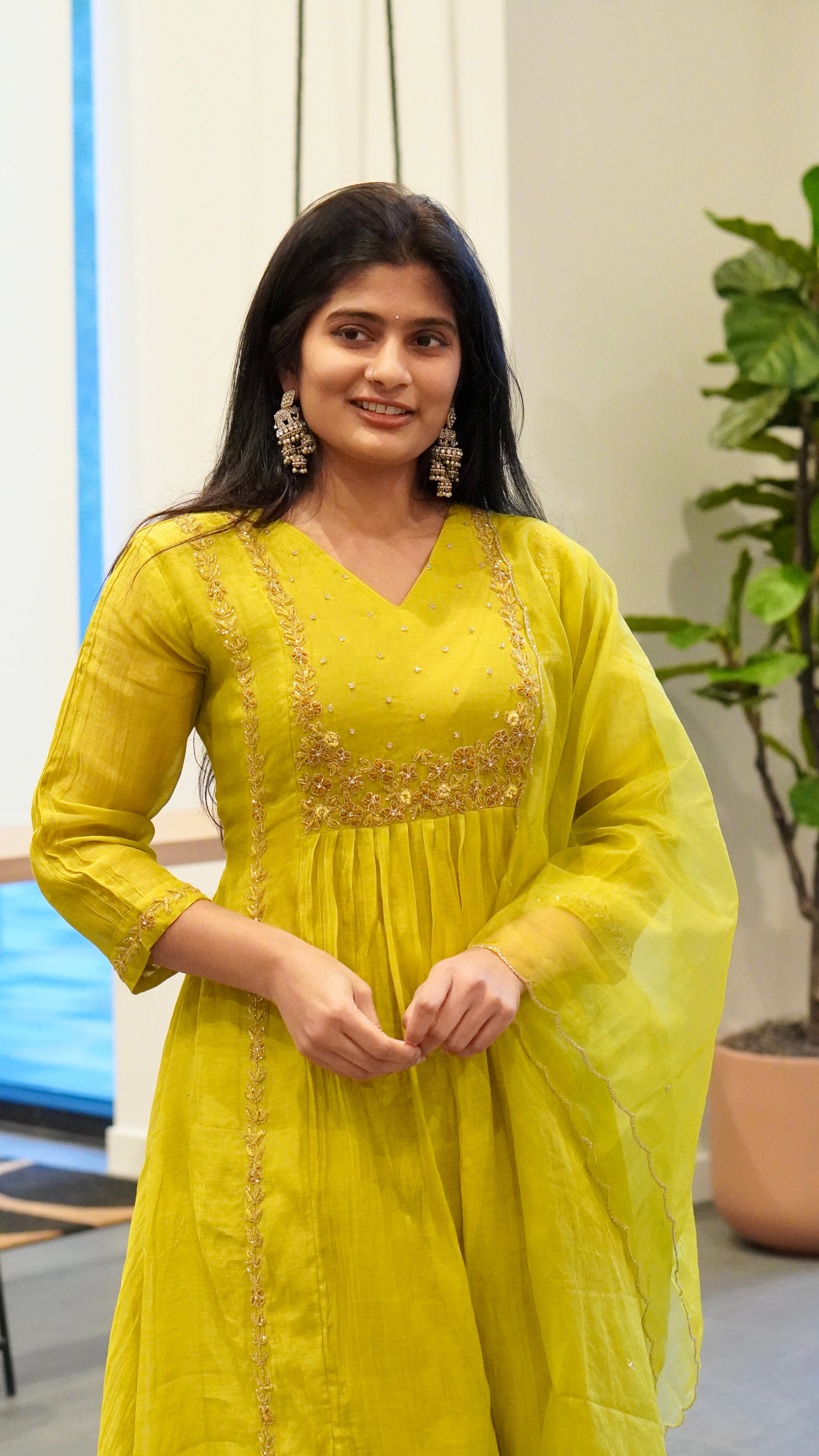 Peach/Lime Green Embroidered Kurta Set