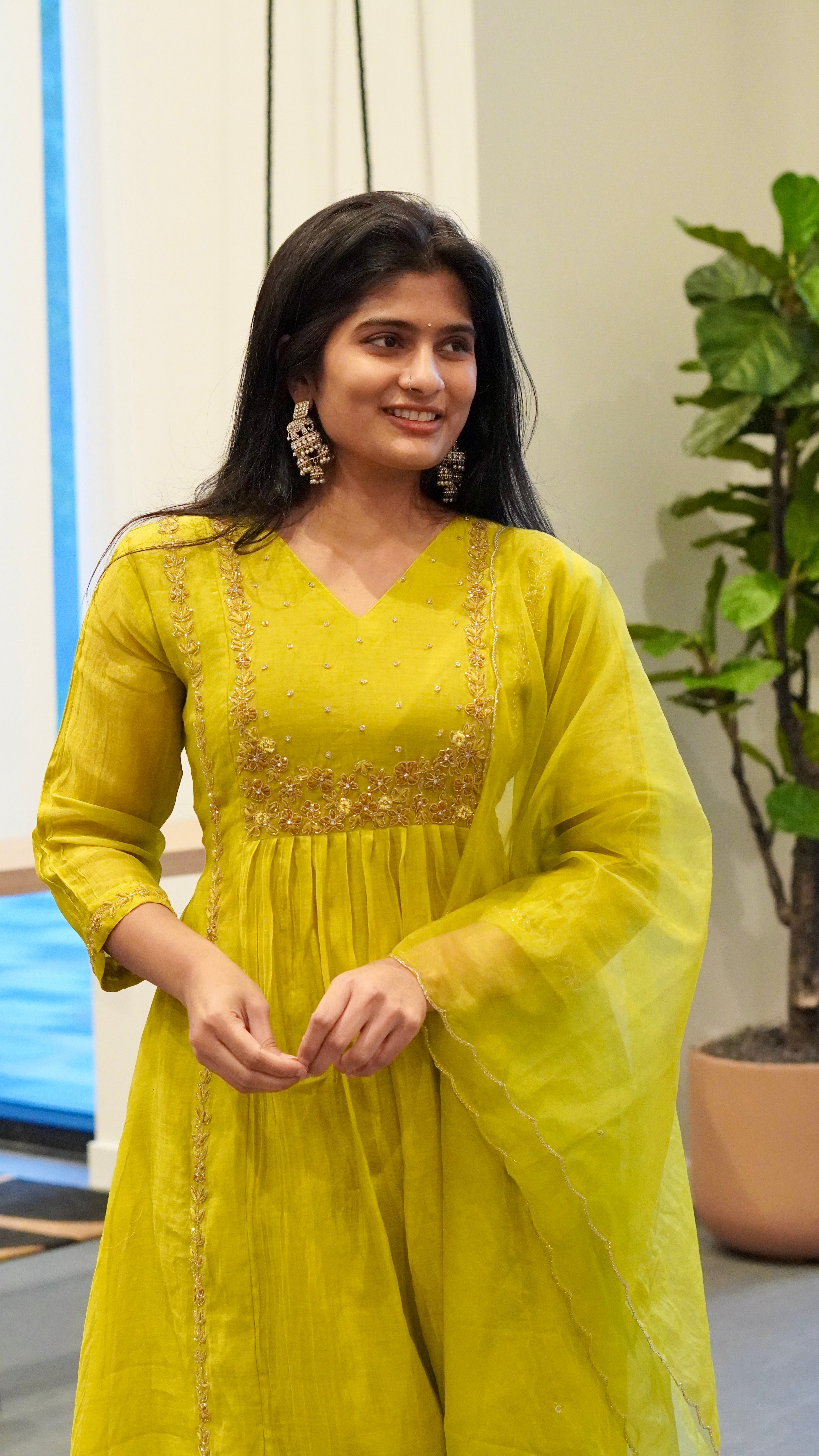 Peach/Lime Green Embroidered Kurta Set