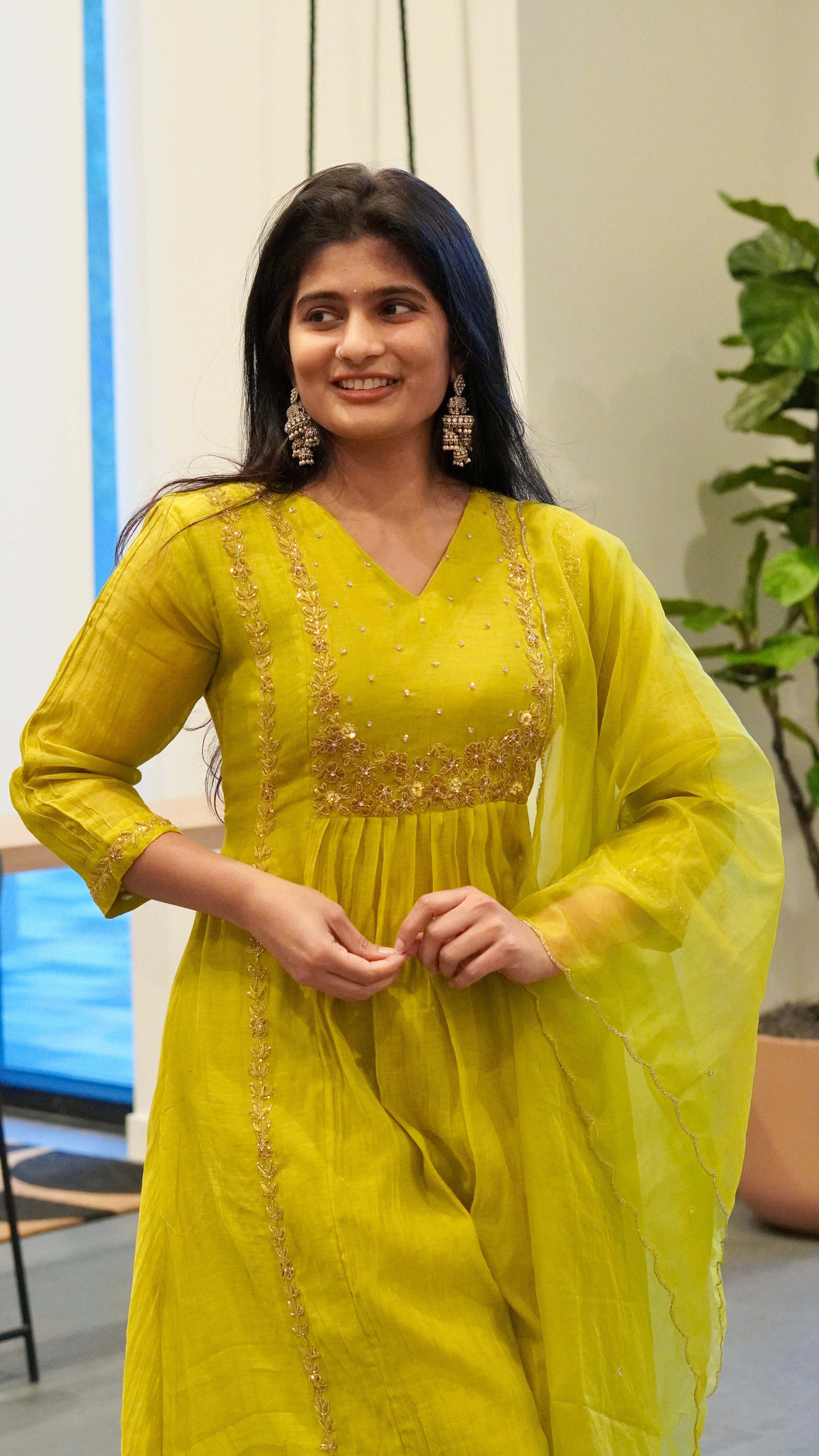 Peach/Lime Green Embroidered Kurta Set
