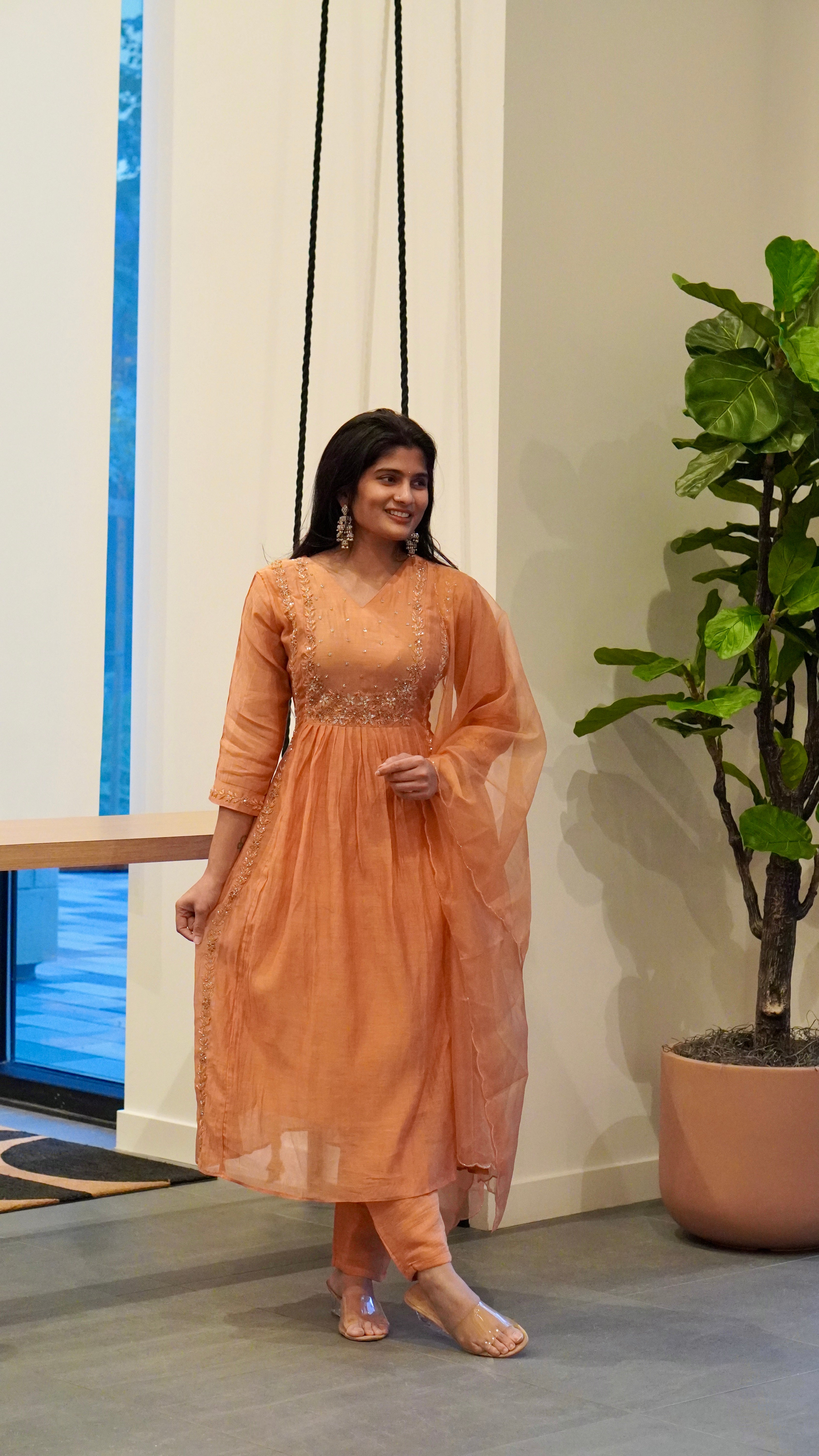 Peach/Lime Green Embroidered Kurta Set