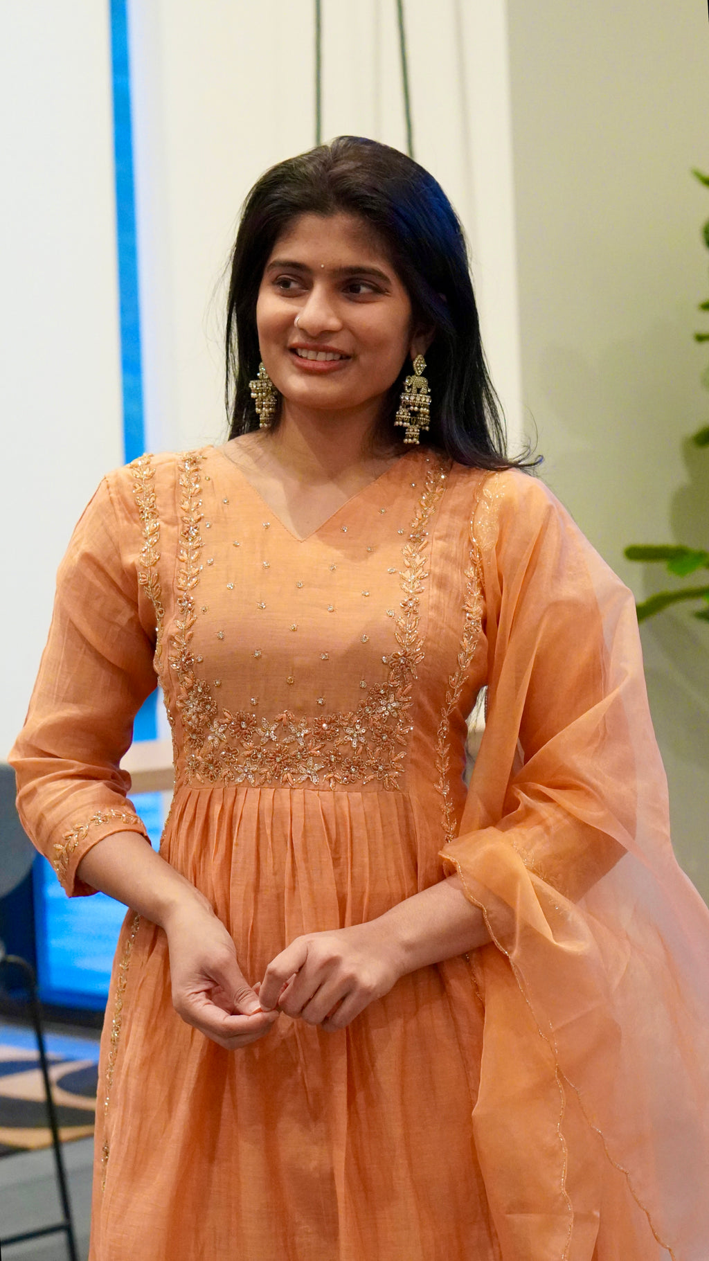 Peach/Lime Green Embroidered Kurta Set